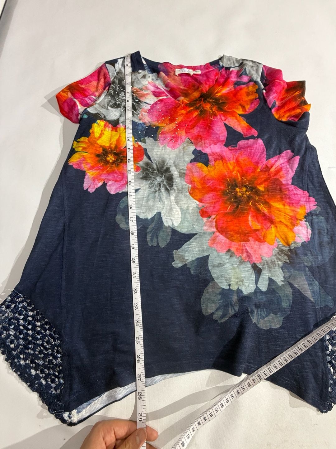 Time and Tru Navy Floral Crochet Sleeve Boat Neck Top L 12-14 6