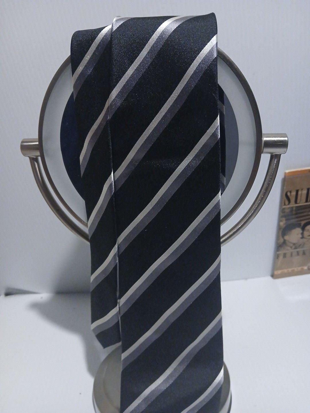 Luciano Rossi Black Label Striped Silk Necktie Black Silver Gray 4