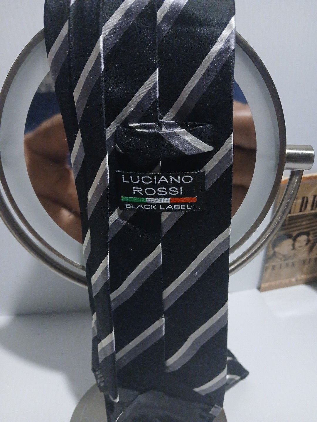 Luciano Rossi Black Label Striped Silk Necktie Black Silver Gray 5