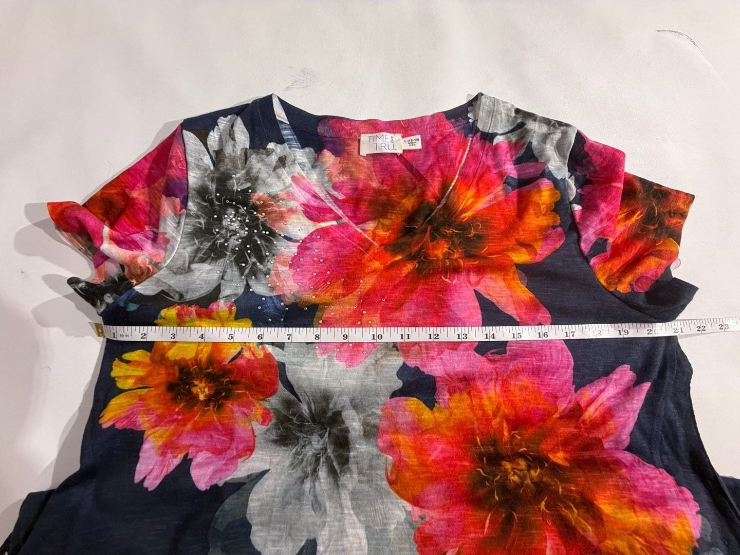 Time and Tru Navy Floral Crochet Sleeve Boat Neck Top L 12-14 5