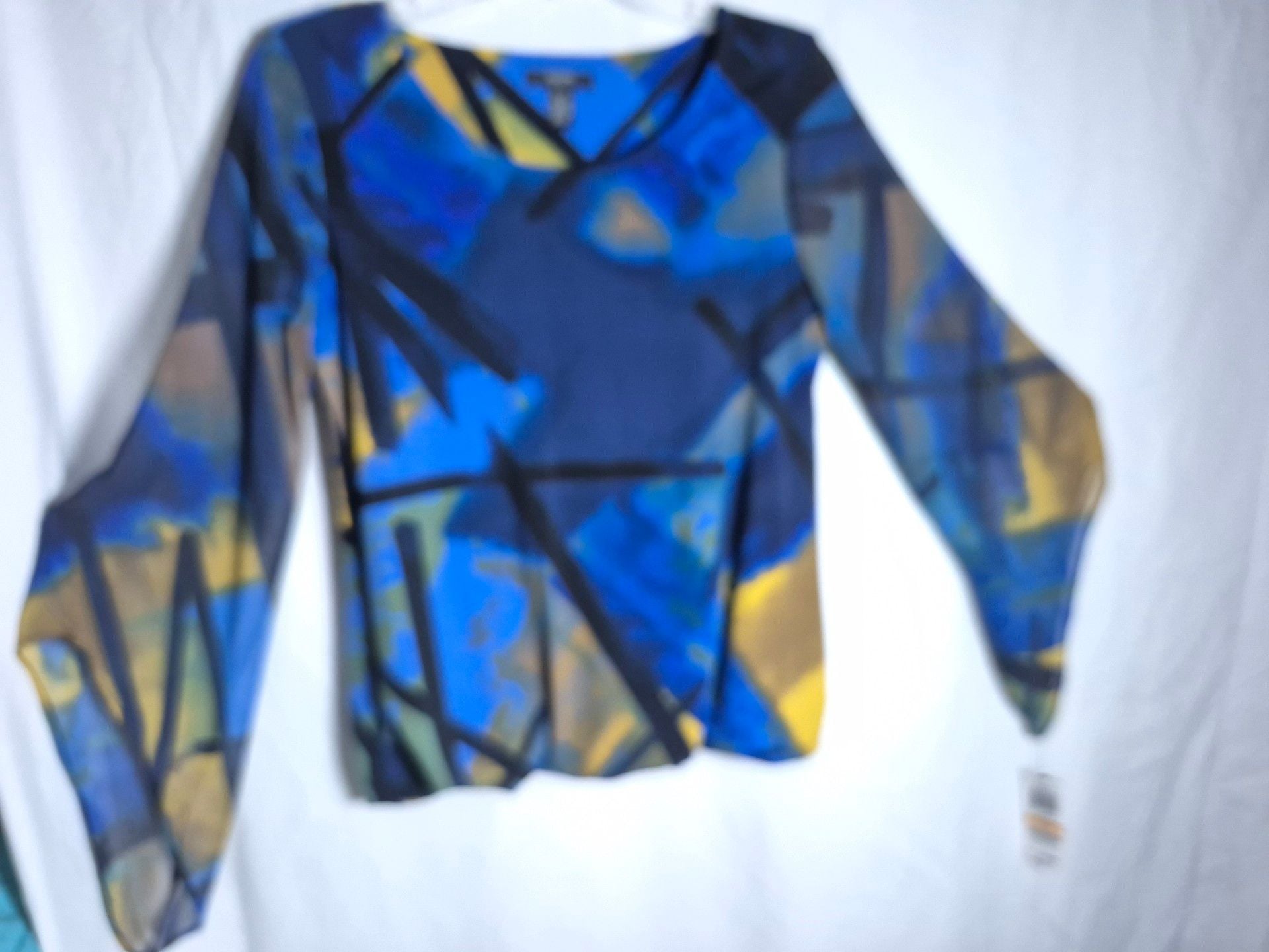 Alfani Petite Blouse Size P/S Blue Abstract Long Sleeve Shirt 5
