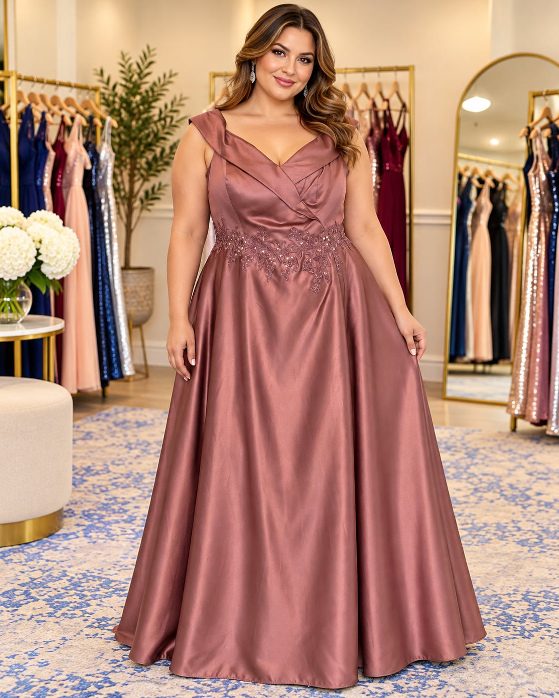 Dusty Rose Mauve Satin Beaded Plus Size Formal Evening Gown Size 16w 2