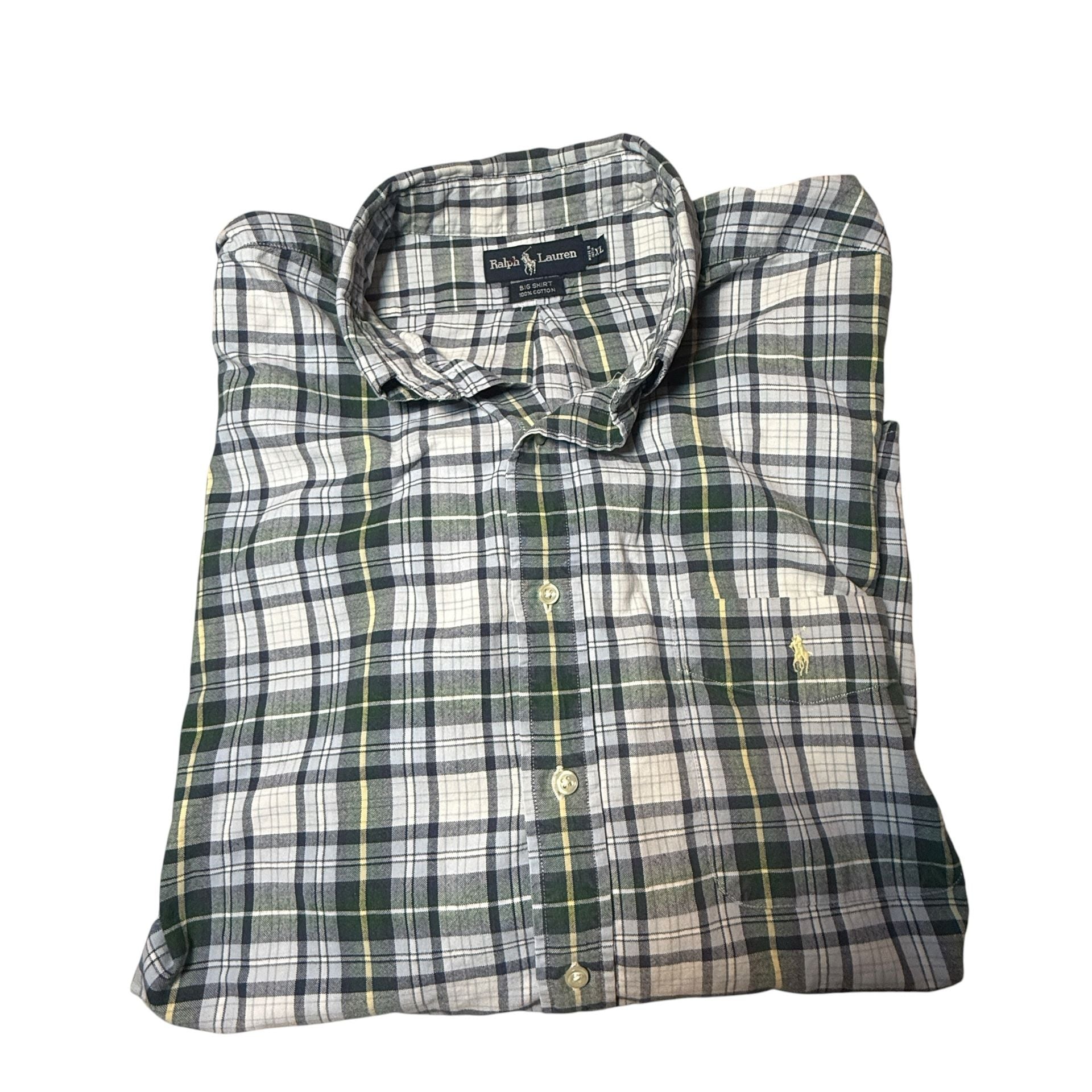 Ralph Lauren Big Shirt XL Green Plaid Cotton Button Down 10