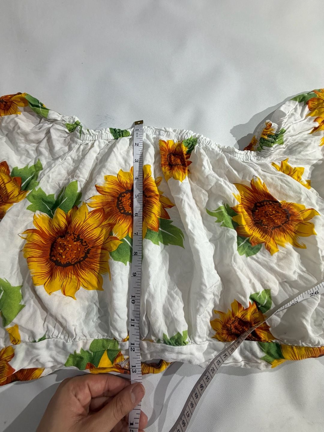 Sunflower Floral Print Off Shoulder Smocked Crop Top L/XL Silk Blend 5