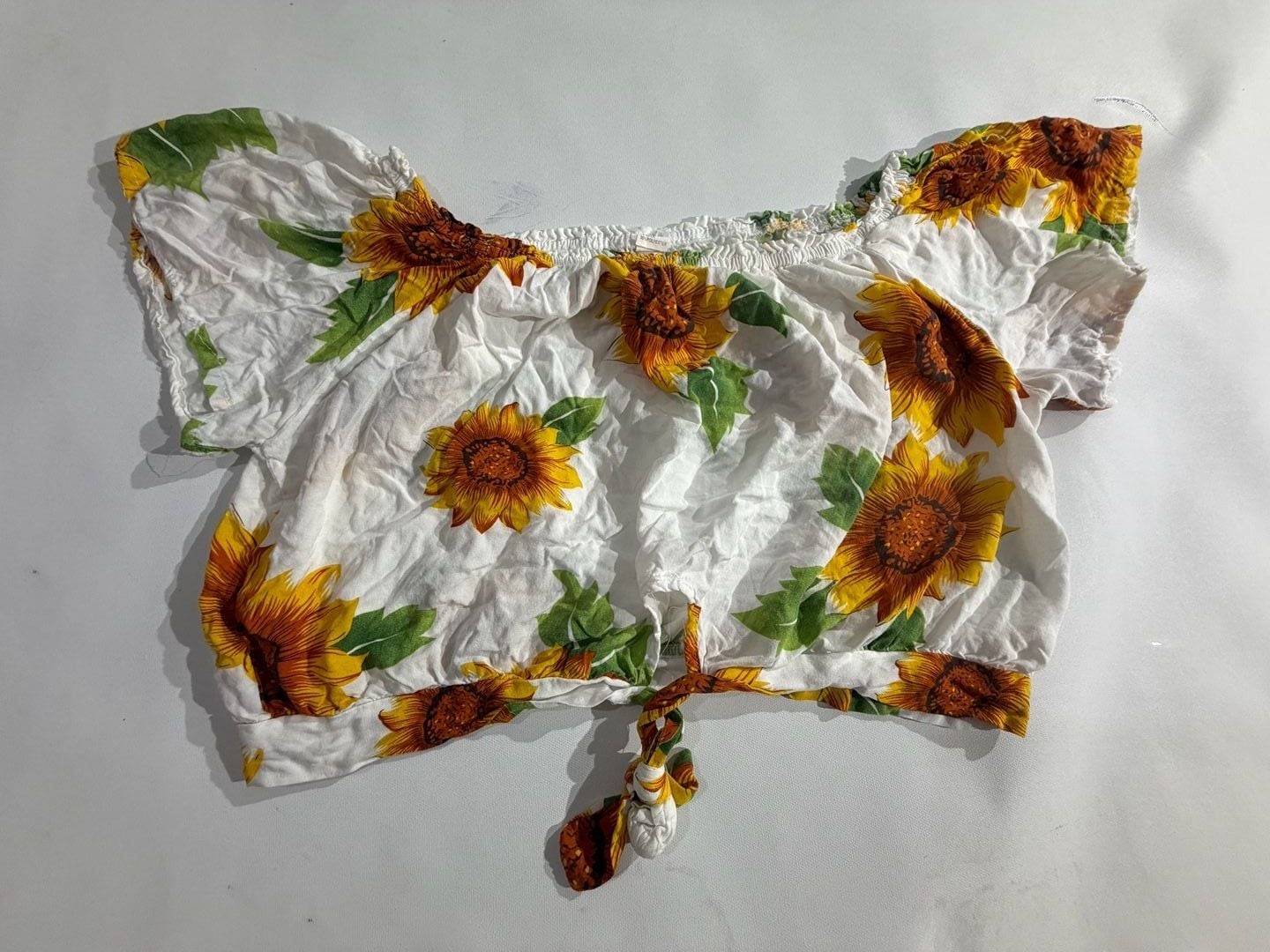 Sunflower Floral Print Off Shoulder Smocked Crop Top L/XL Silk Blend 1