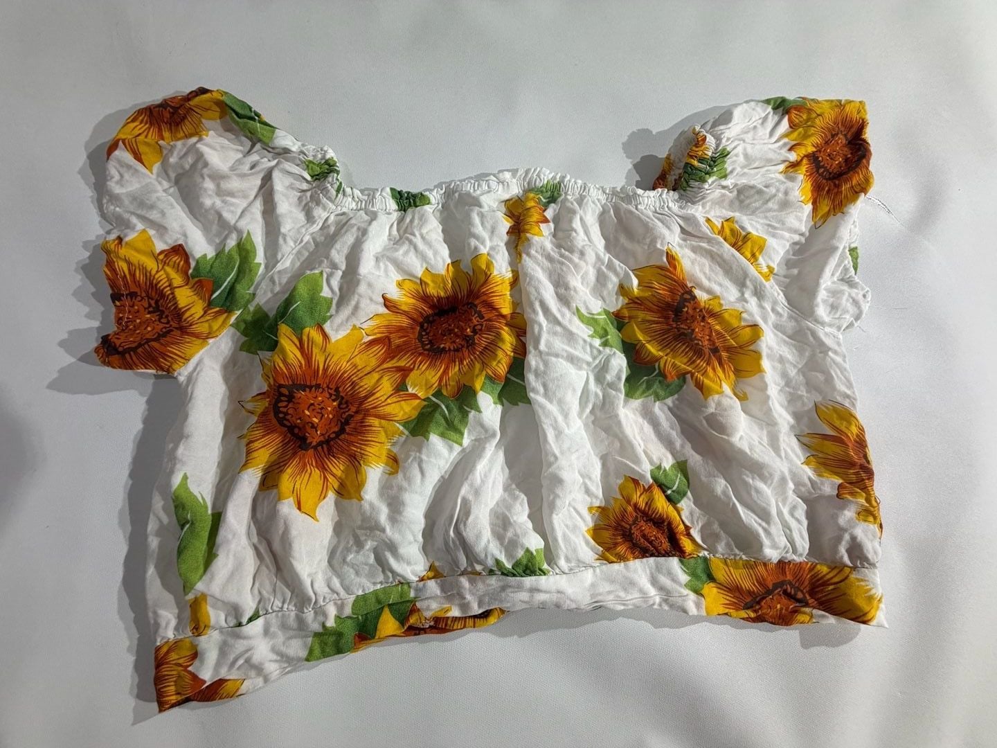 Sunflower Floral Print Off Shoulder Smocked Crop Top L/XL Silk Blend 3