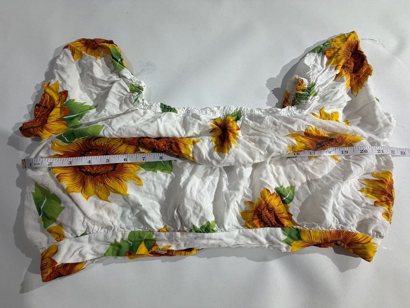 Sunflower Floral Print Off Shoulder Smocked Crop Top L/XL Silk Blend 4