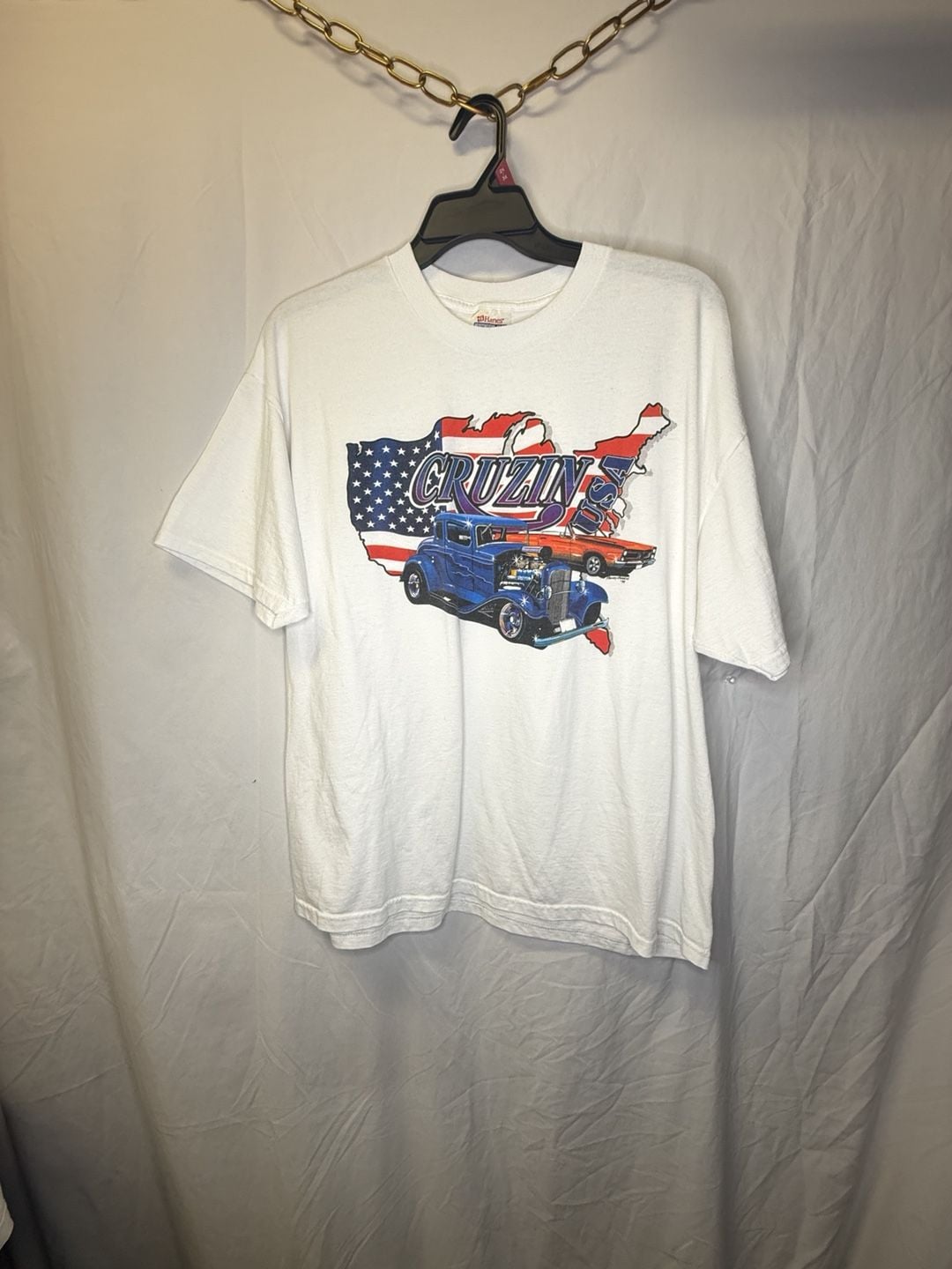 Hanes Cruzin USA Graphic T-Shirt XL White Hot Rod American Flag 2