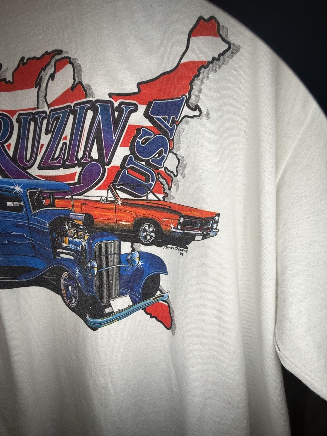 Hanes Cruzin USA Graphic T-Shirt XL White Hot Rod American Flag 3
