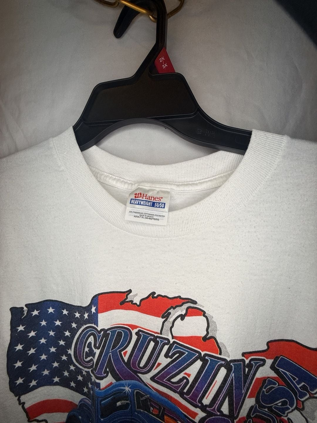 Hanes Cruzin USA Graphic T-Shirt XL White Hot Rod American Flag 4