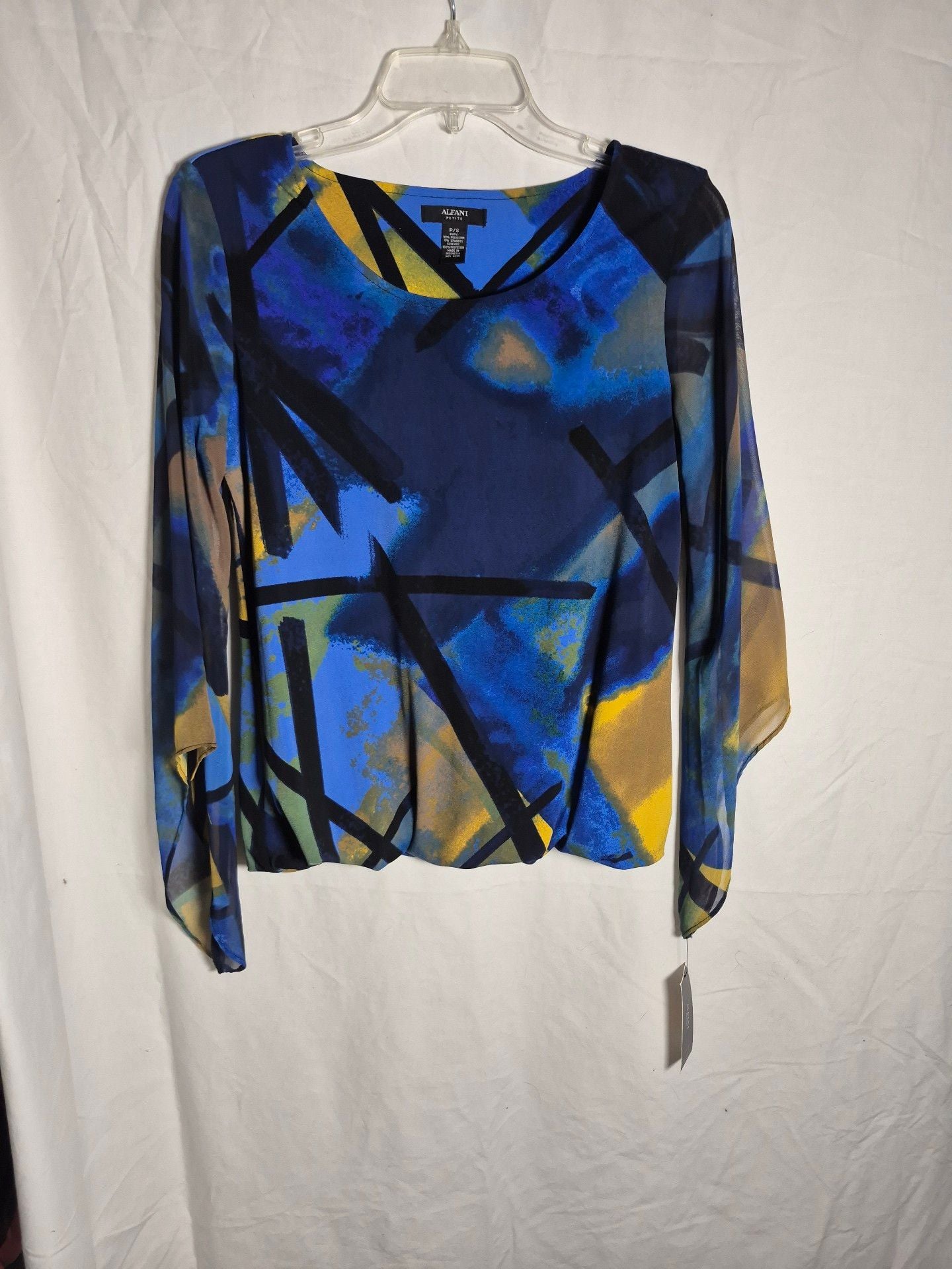 Alfani Petite Blouse Size P/S Blue Abstract Long Sleeve 2