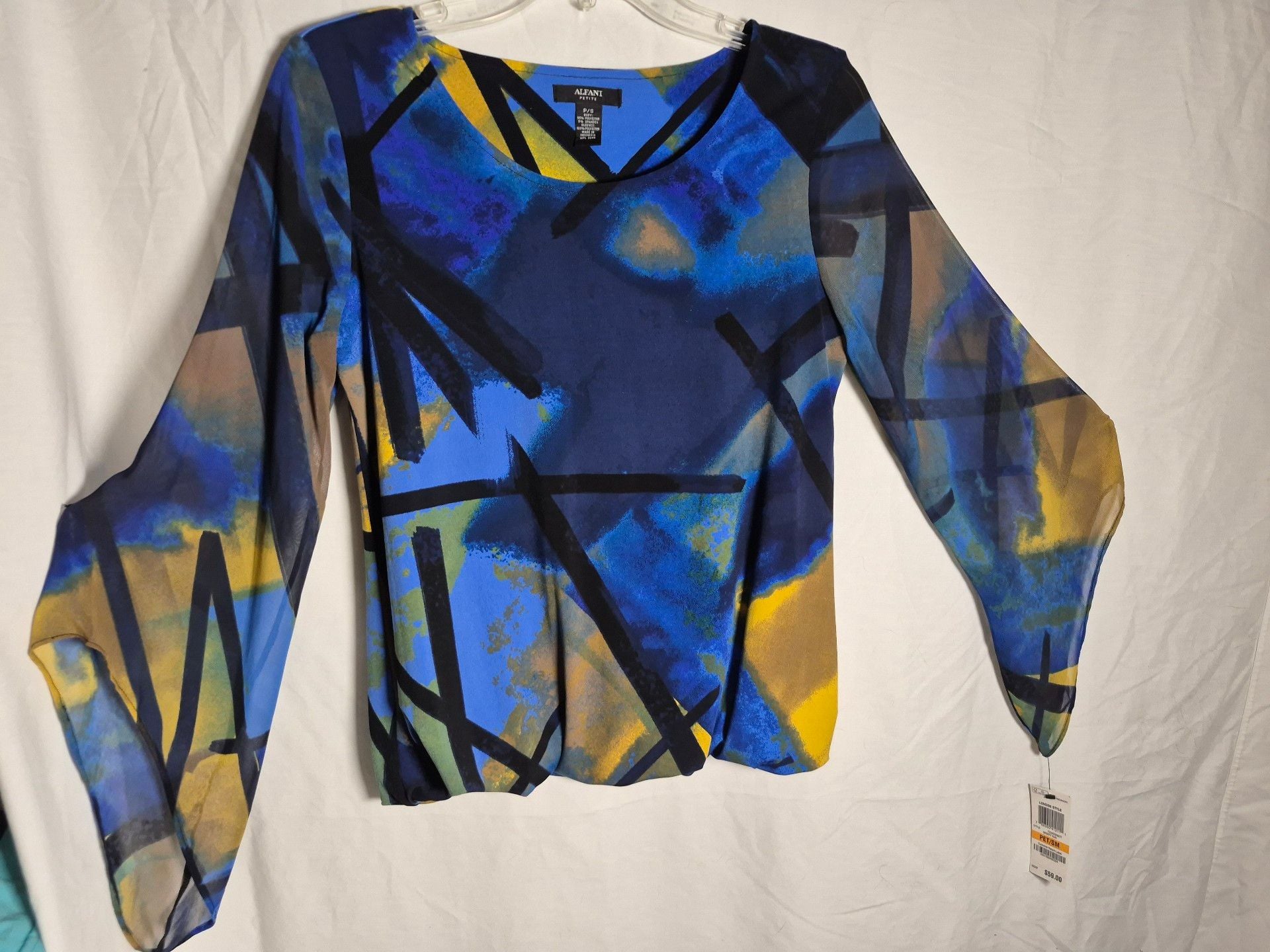 Alfani Petite Blouse Size P/S Blue Abstract Long Sleeve 6
