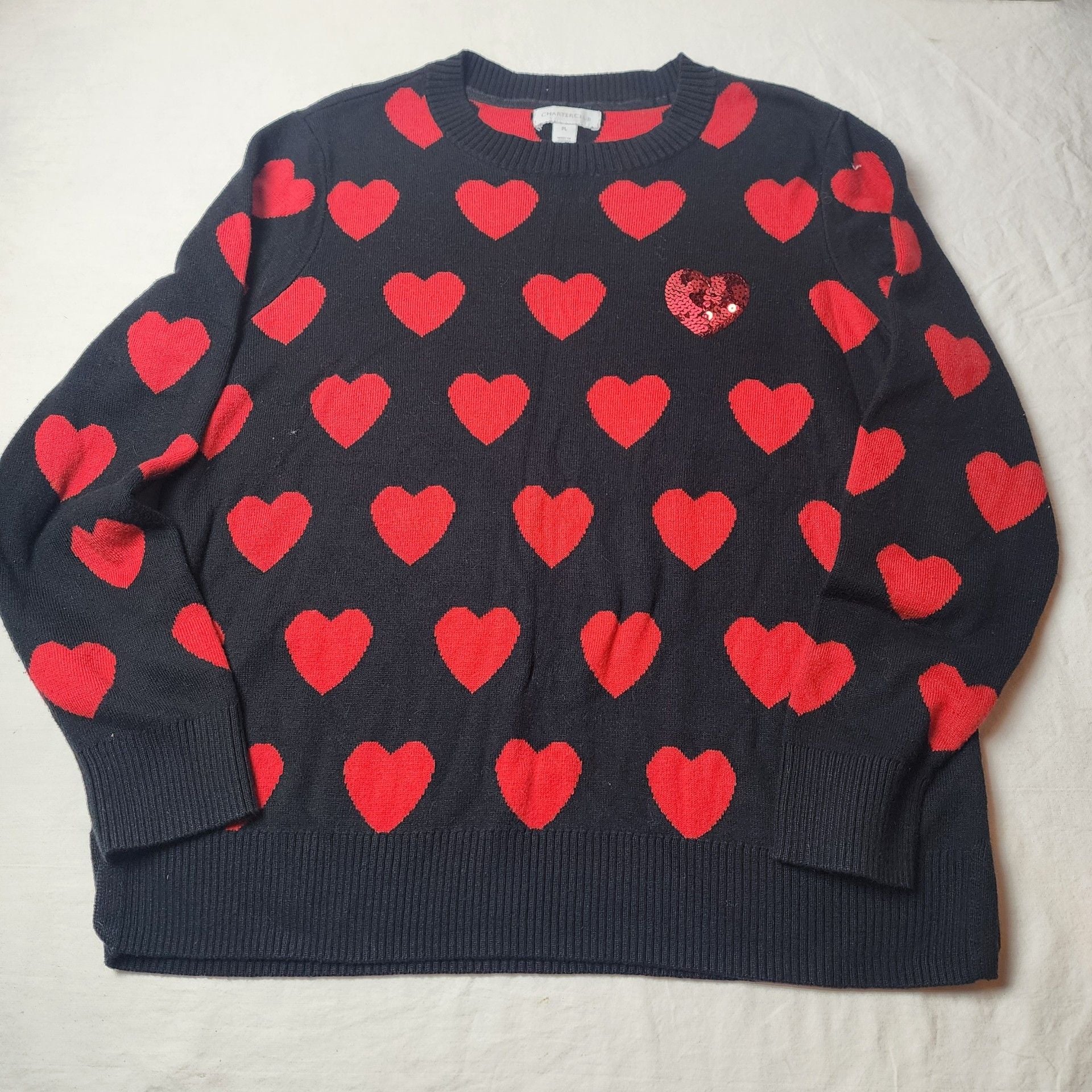 Charter Club Heart Pattern Sweater Size PL Black Red Sequin Accents 2