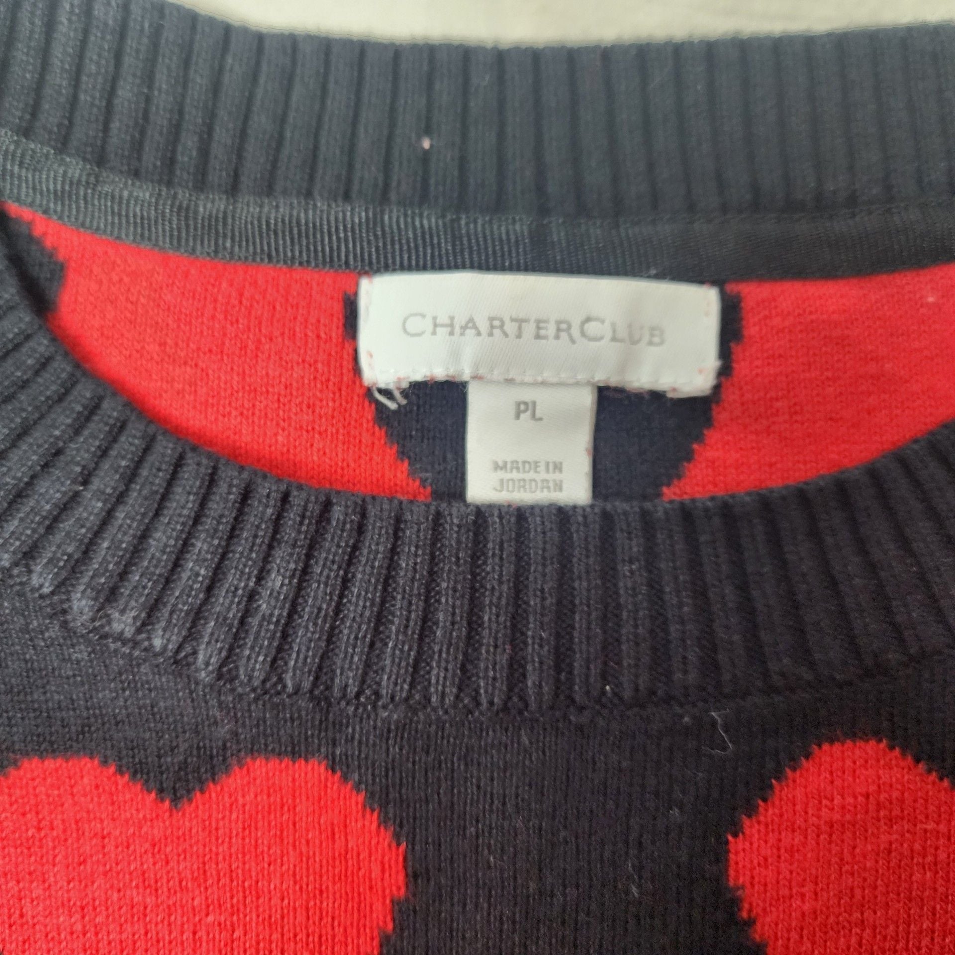 Charter Club Heart Pattern Sweater Size PL Black Red Sequin Accents 3