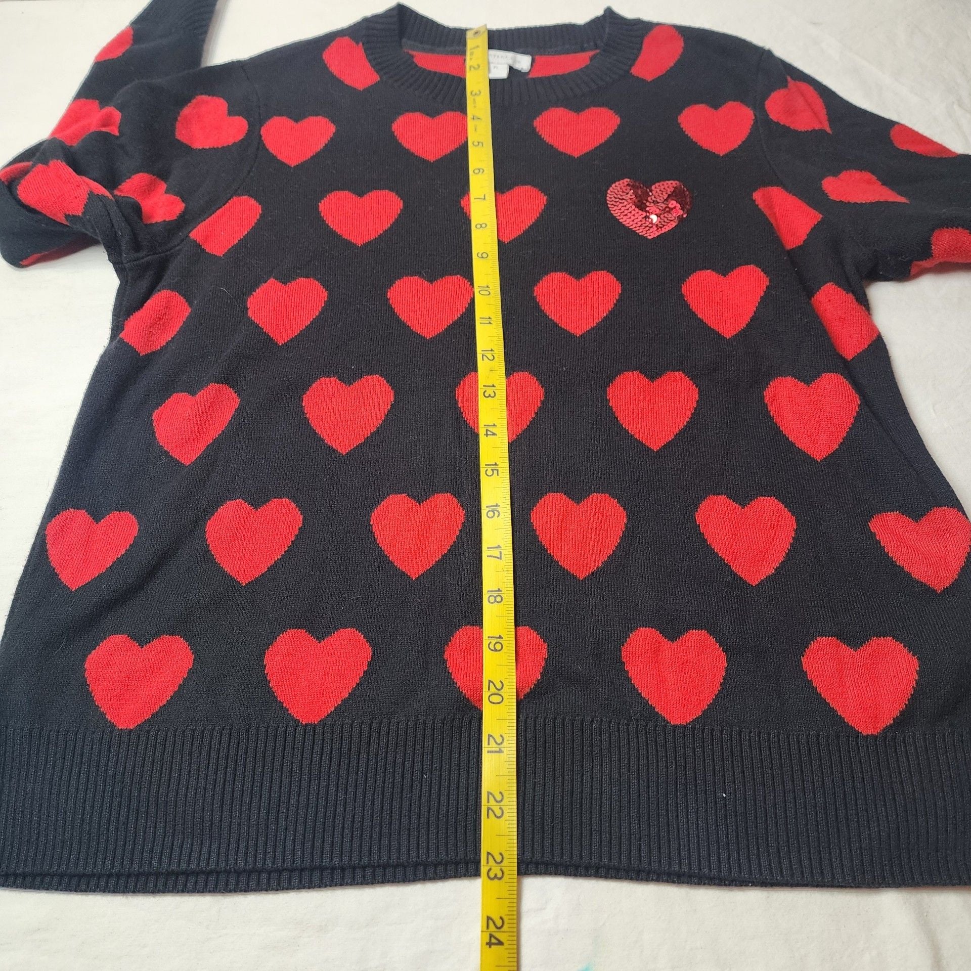 Charter Club Heart Pattern Sweater Size PL Black Red Sequin Accents 10