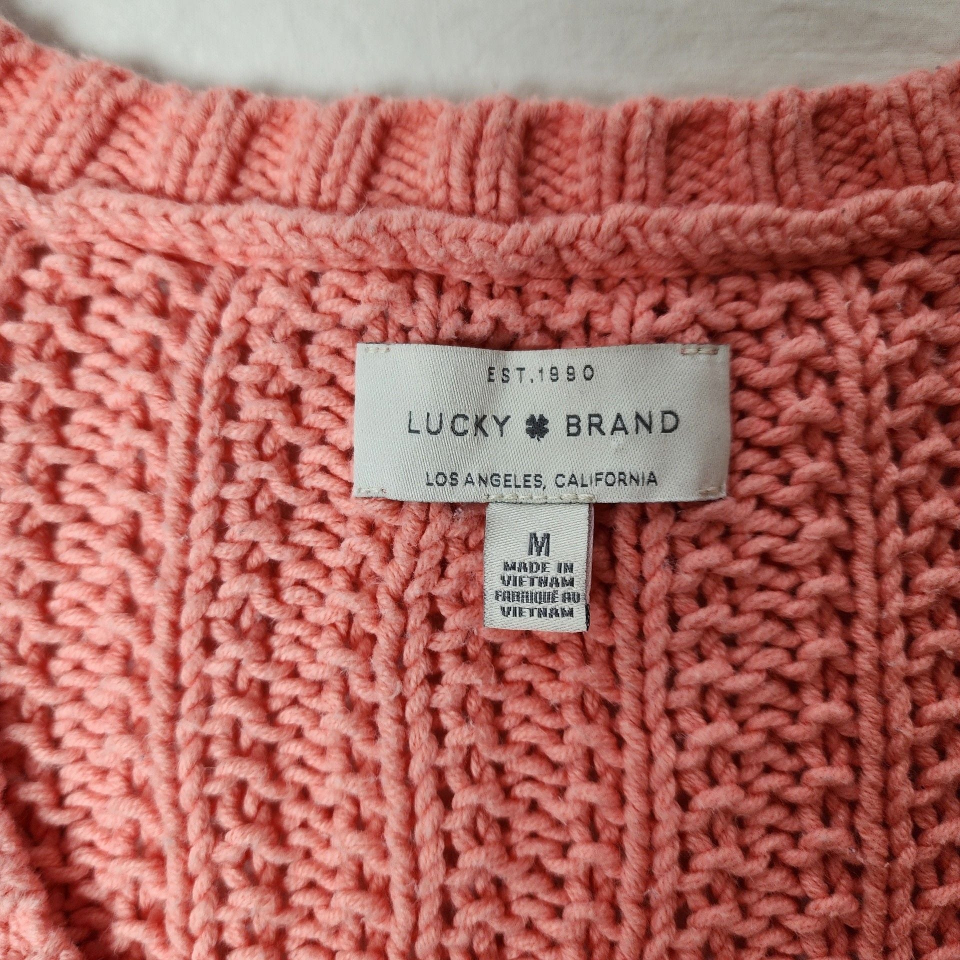 Lucky Brand V-Neck Sweater Size L Coral Pink Ribbed Knit 3