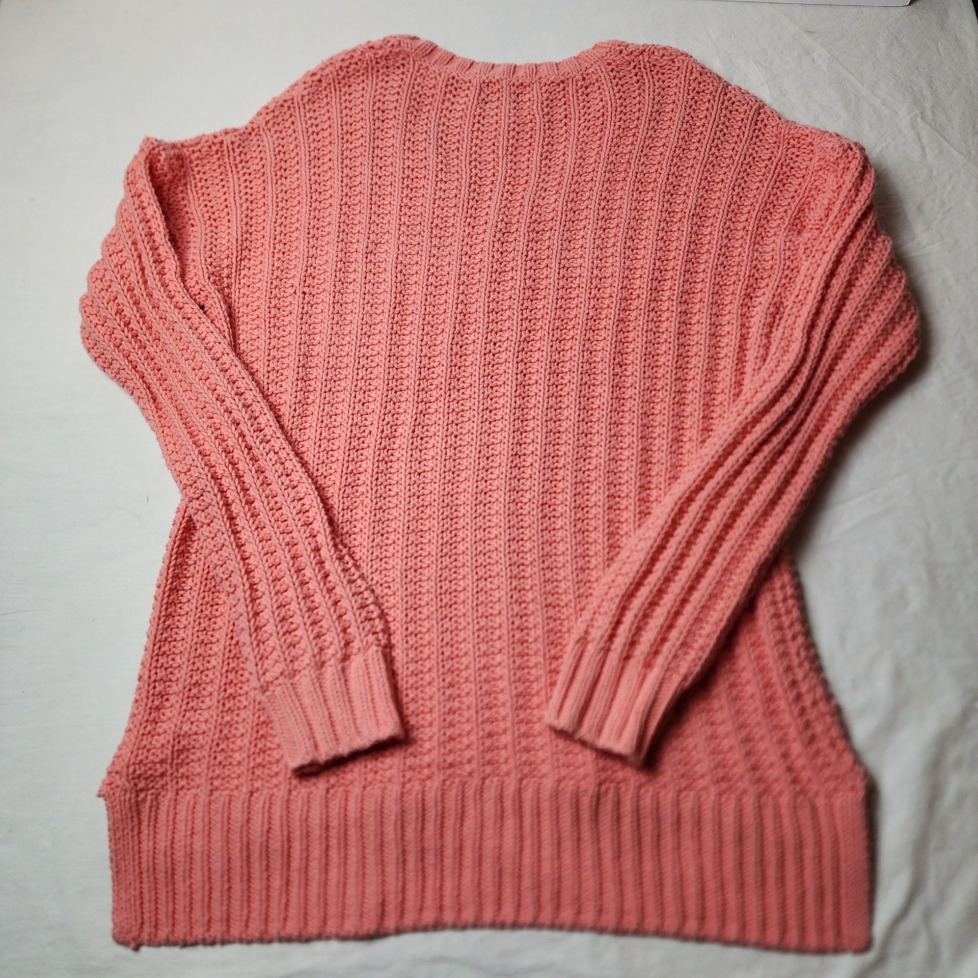 Lucky Brand V-Neck Sweater Size L Coral Pink Ribbed Knit 9