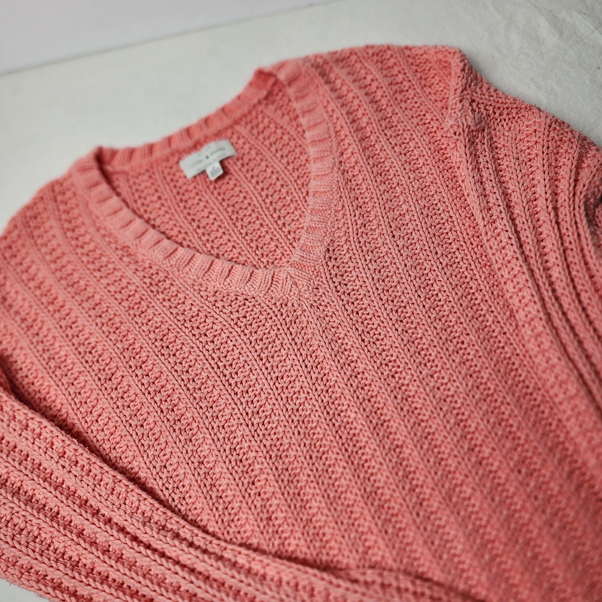 Lucky Brand V-Neck Sweater Size L Coral Pink Ribbed Knit 10