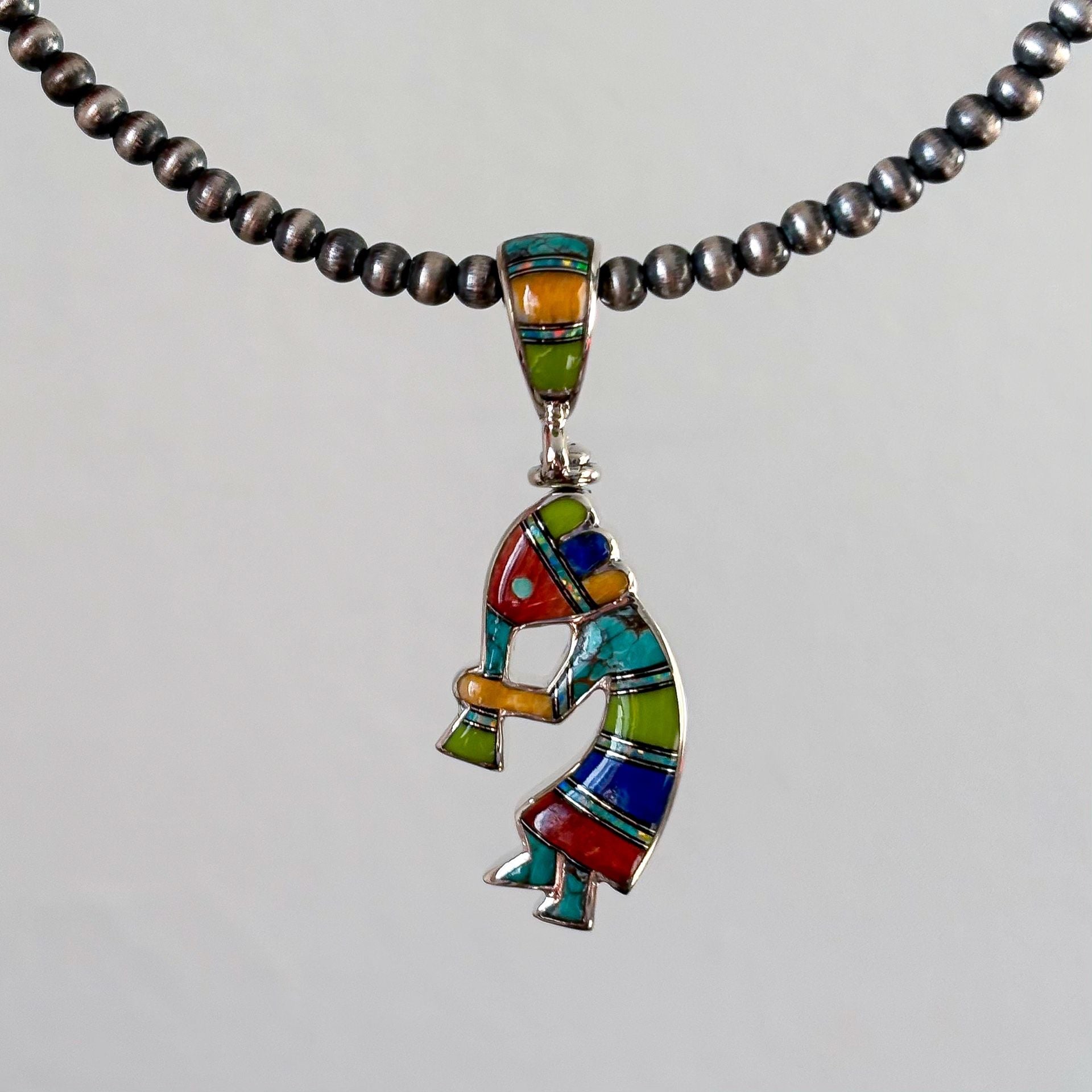 Southwestern Reversible Kokopelli Sterling Silver Genuine Stone Inlay Pendant 3