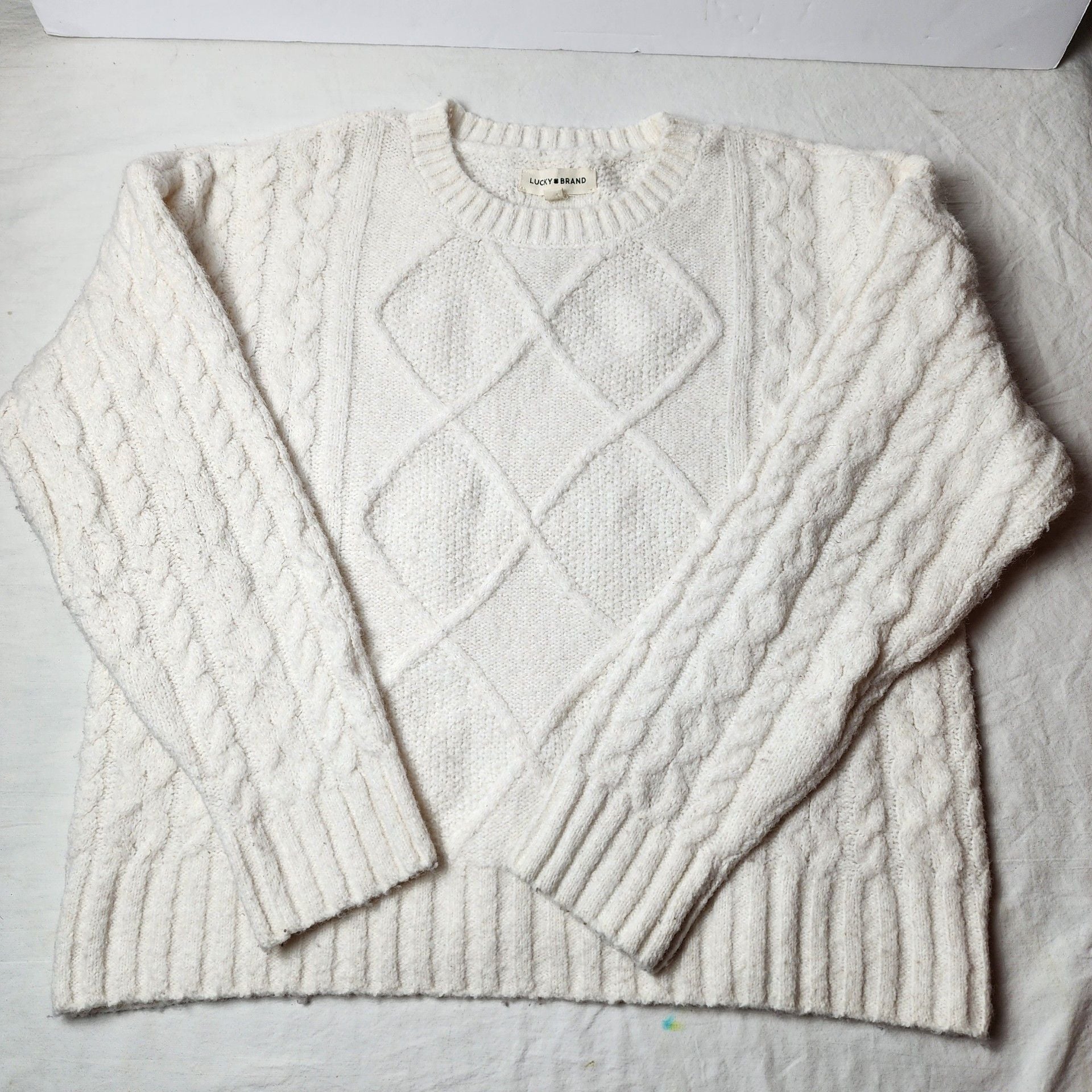 Lucky Brand Cable Knit Sweater Size L Ivory Cream Wool Blend Crewneck 2