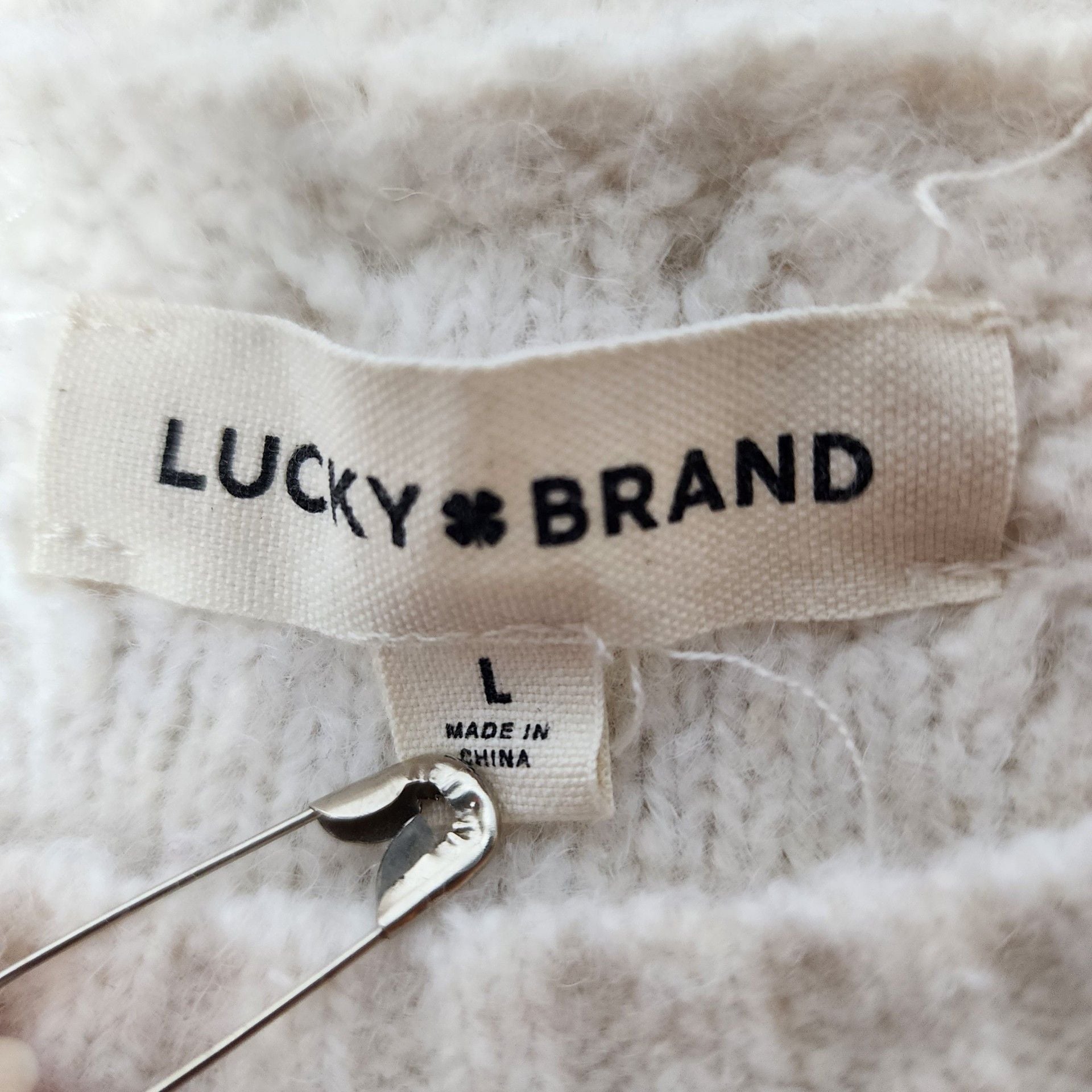 Lucky Brand Cable Knit Sweater Size L Ivory Cream Wool Blend Crewneck 3