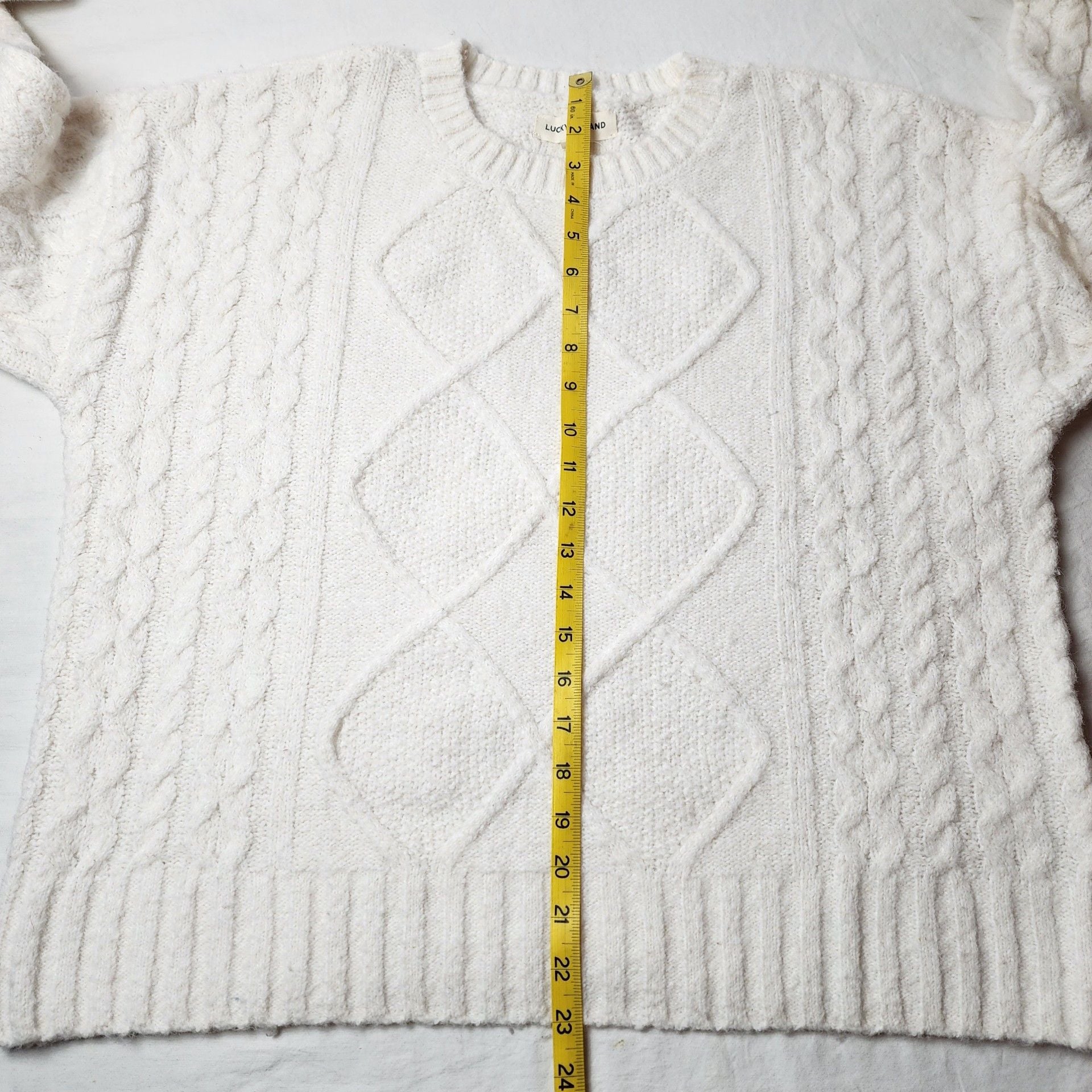 Lucky Brand Cable Knit Sweater Size L Ivory Cream Wool Blend Crewneck 8