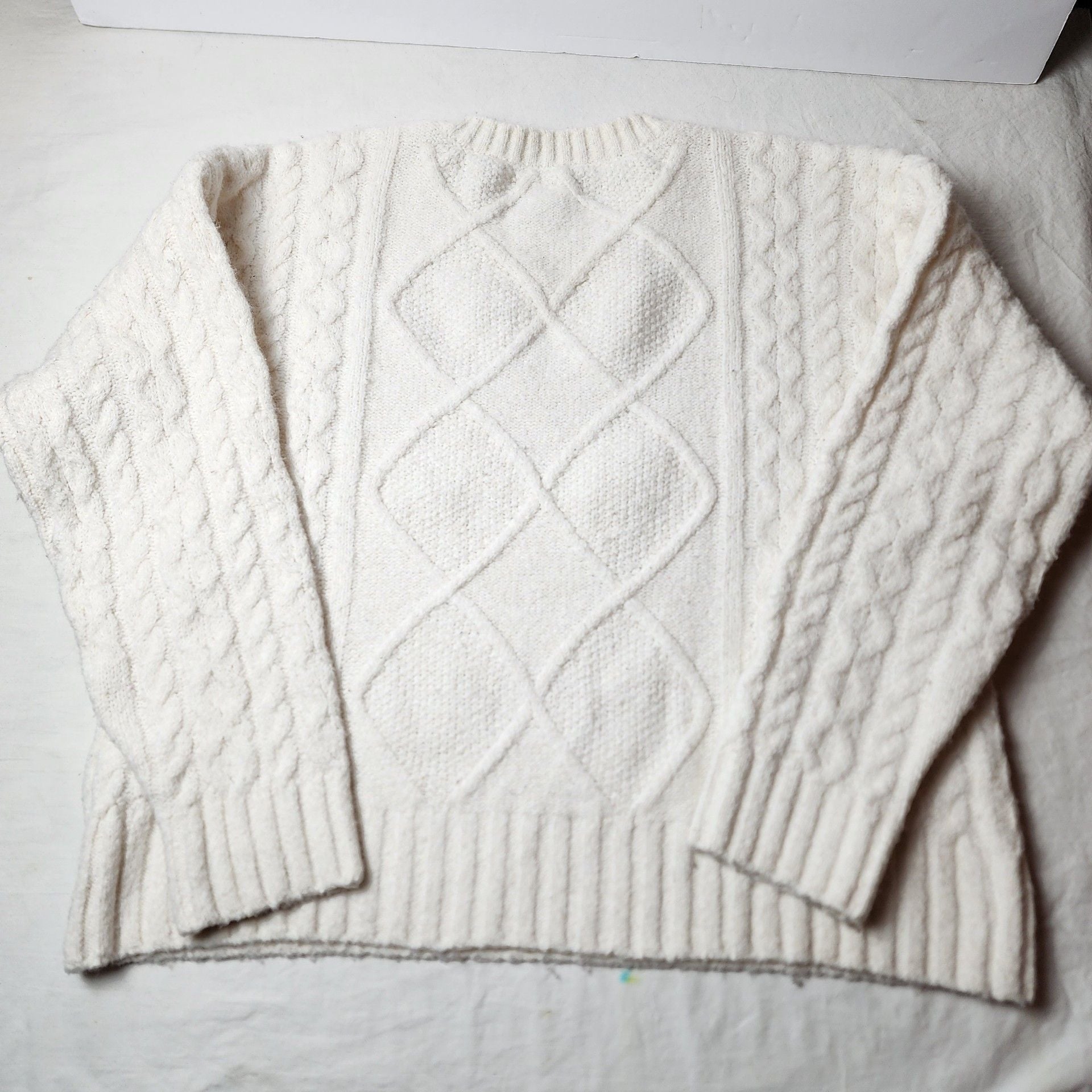 Lucky Brand Cable Knit Sweater Size L Ivory Cream Wool Blend Crewneck 9