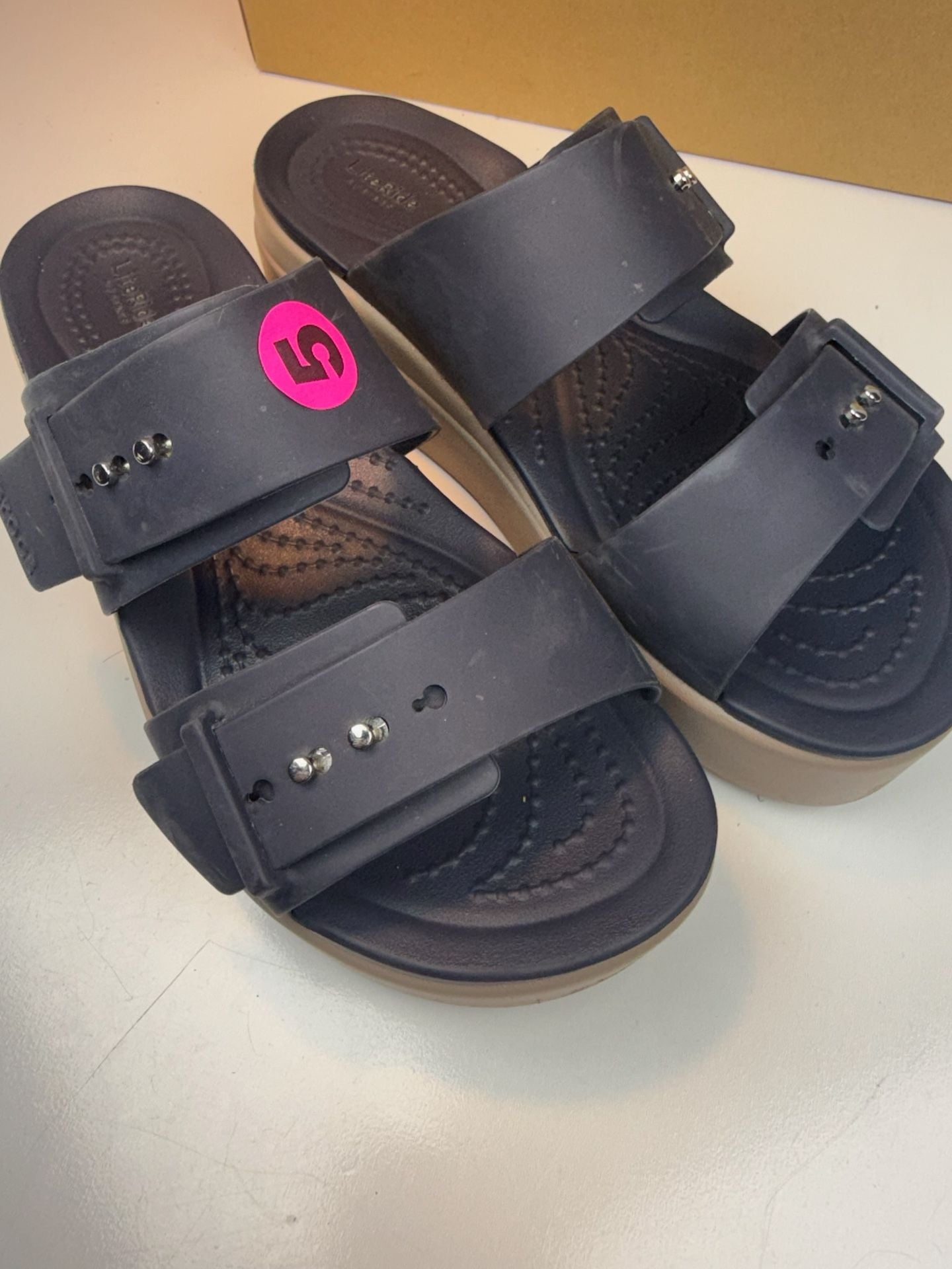 Crocs Brooklyn Square Buckle Low Wedge Sandals Navy Size 5 3