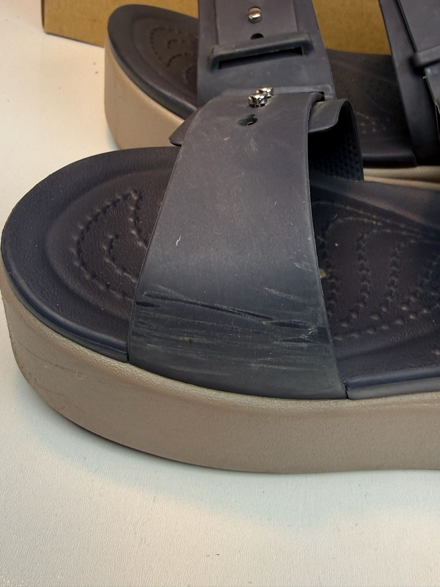 Crocs Brooklyn Square Buckle Low Wedge Sandals Navy Size 5 5