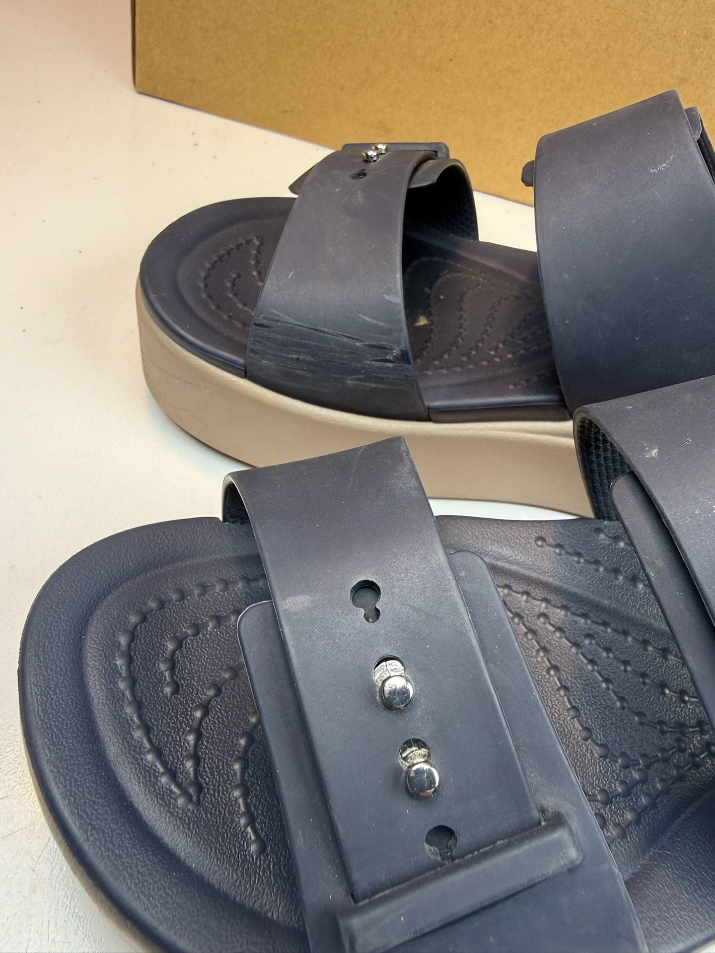 Crocs Brooklyn Square Buckle Low Wedge Sandals Navy Size 5 6