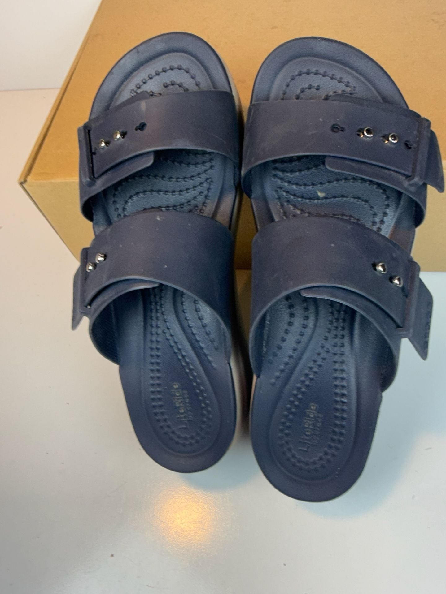 Crocs Brooklyn Square Buckle Low Wedge Sandals Navy Size 5 7