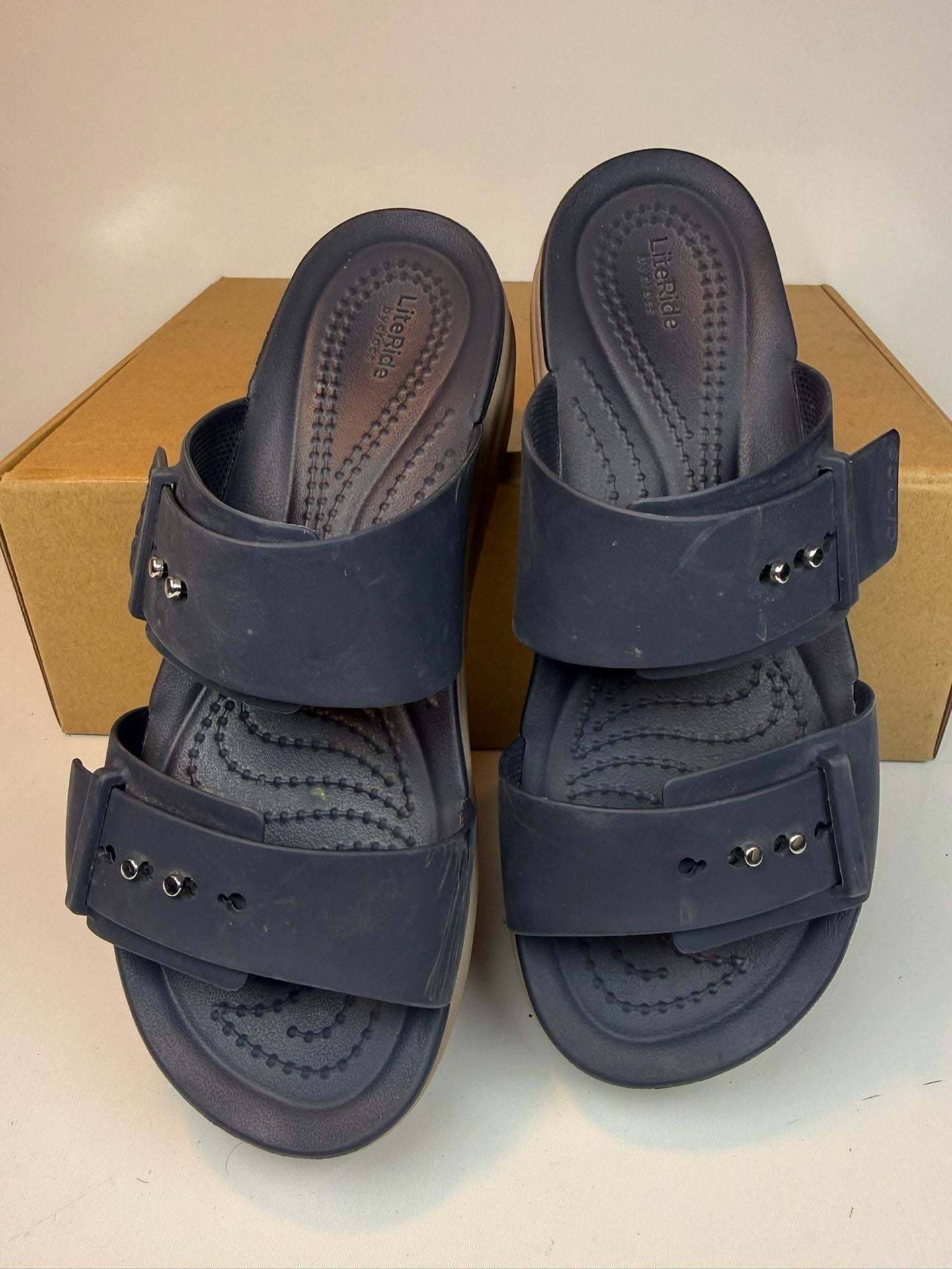 Crocs Brooklyn Square Buckle Low Wedge Sandals Navy Size 5 10