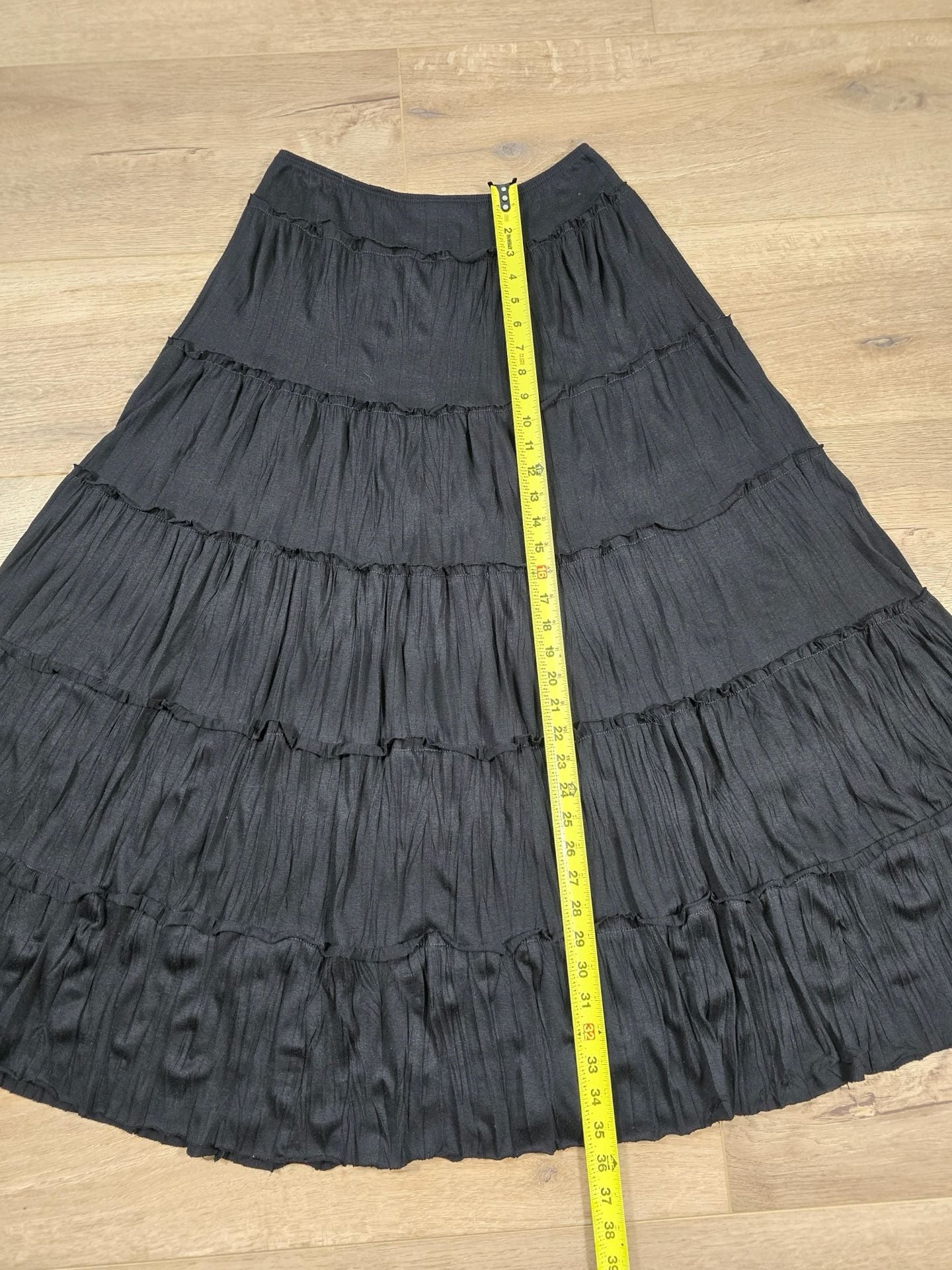 White House Black Market Black Tiered Midi Skirt Flowy Pull On Size S 4
