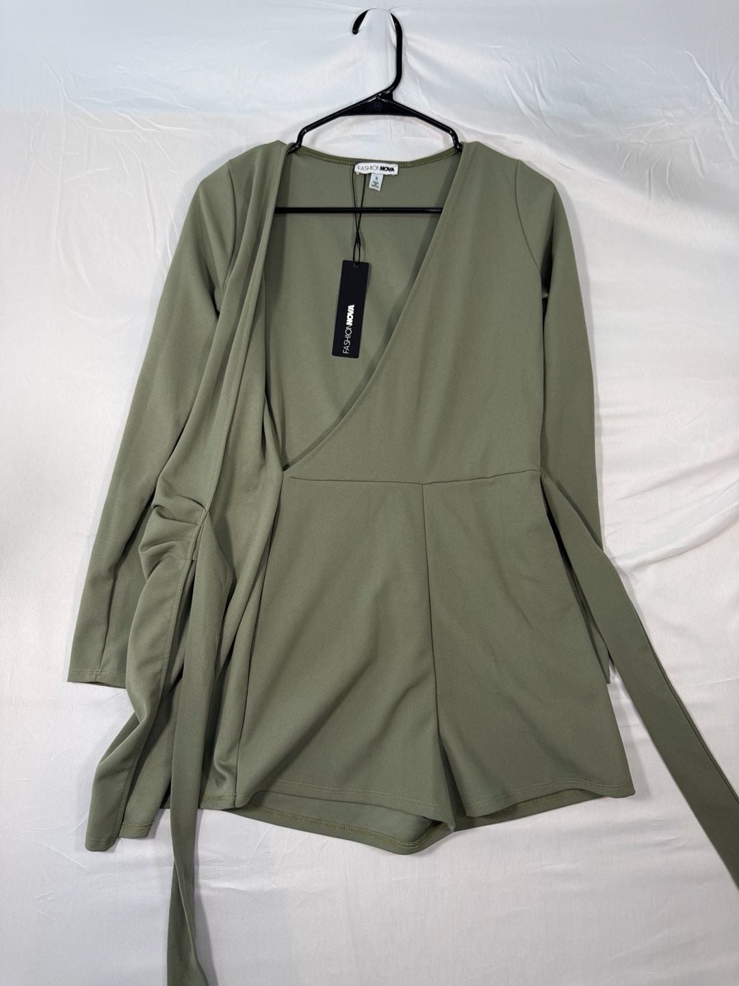 Fashion Nova Wrap Romper Size S Olive Green Long Sleeve New 5