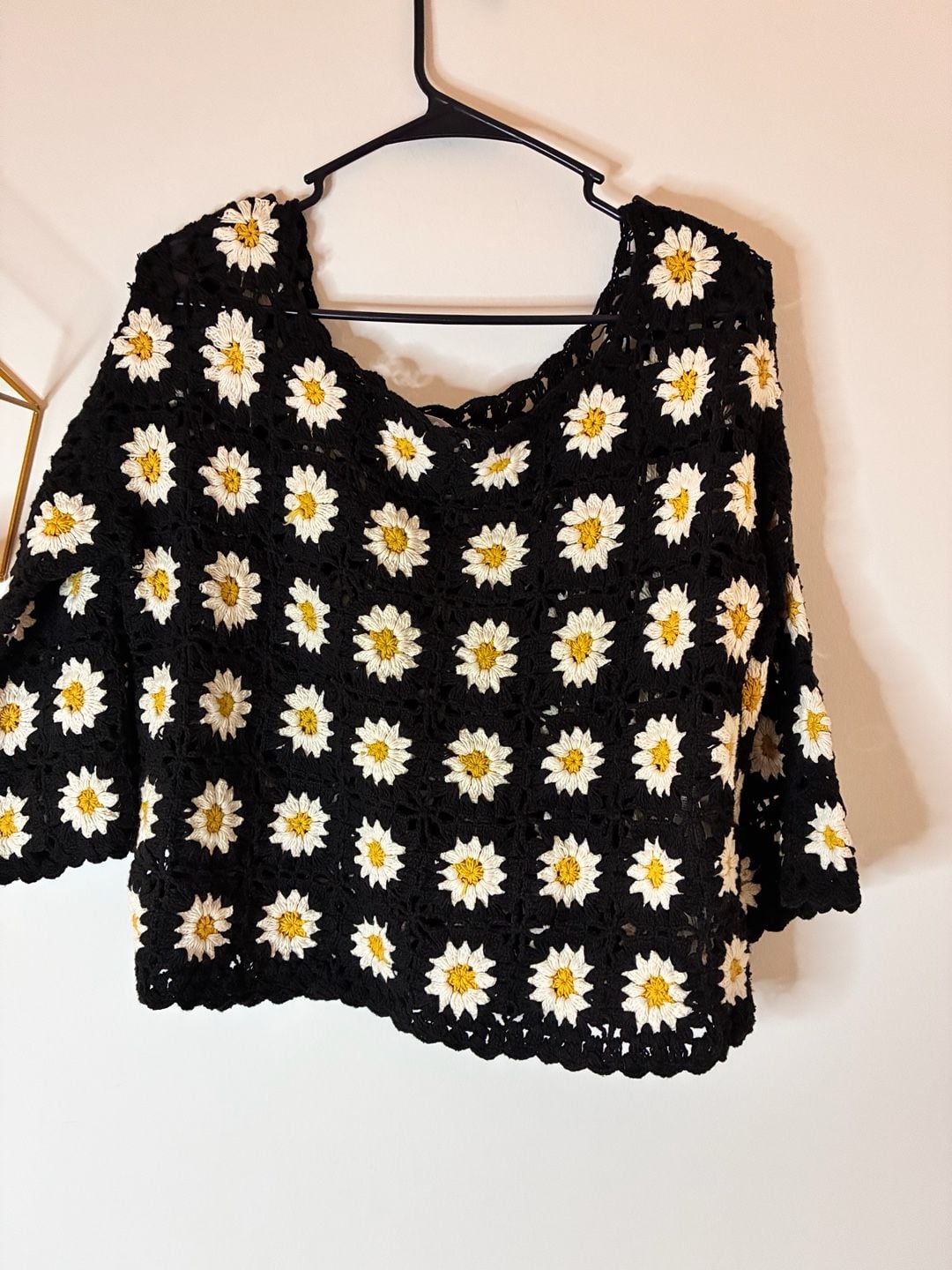 MNG Black Crochet Daisy Floral Knit Sweater Top Size S 3