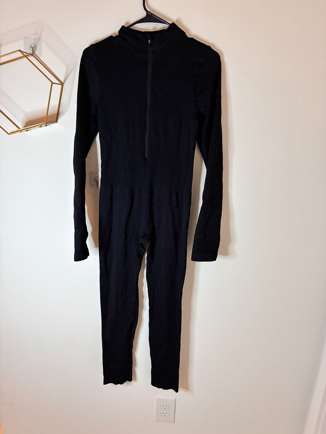 Black Ribbed Long Sleeve Zip Front Jumpsuit with Thumbholes Size L 2