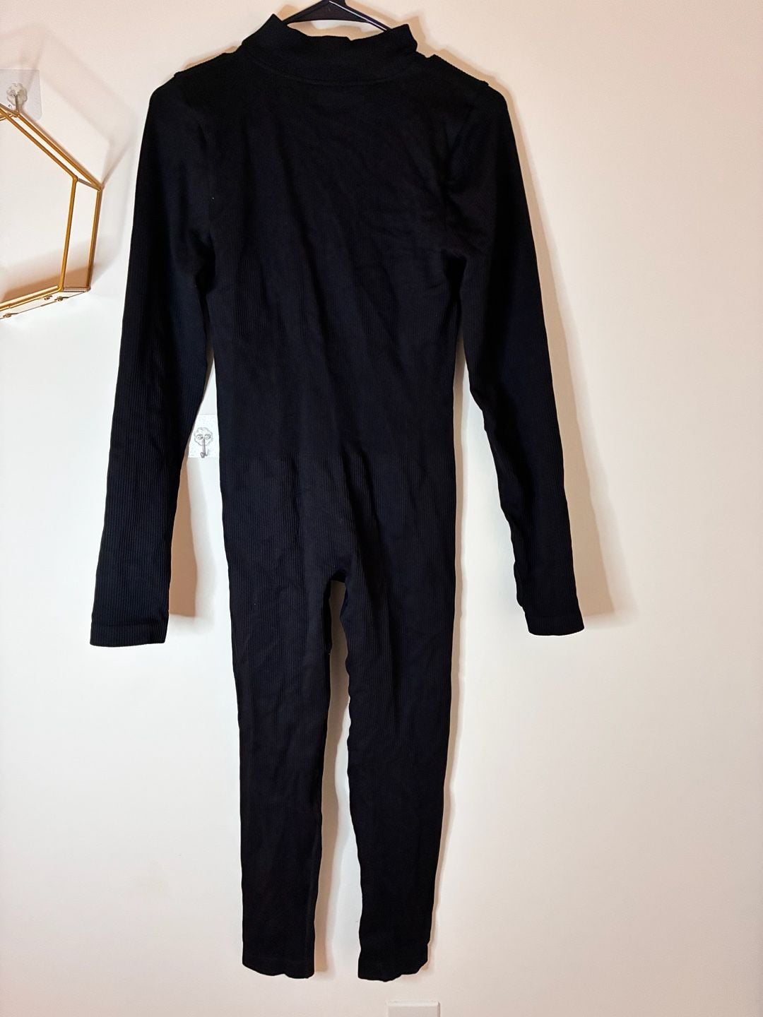 Black Ribbed Long Sleeve Zip Front Jumpsuit with Thumbholes Size L 3