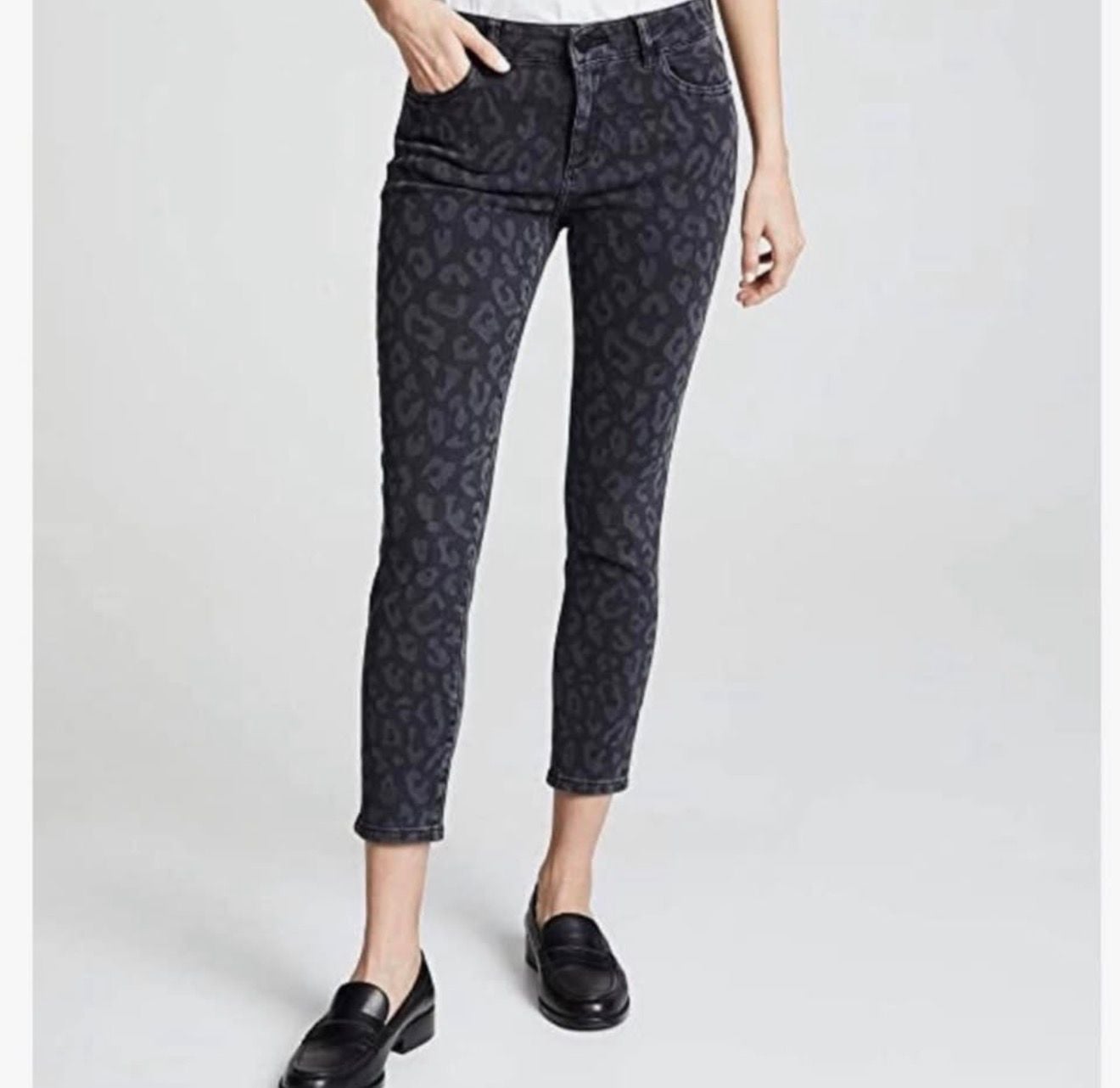 DL1961 Farrow Instasculpt Ankle Skinny Jeans Black Leopard Print size 28 raw hem 2