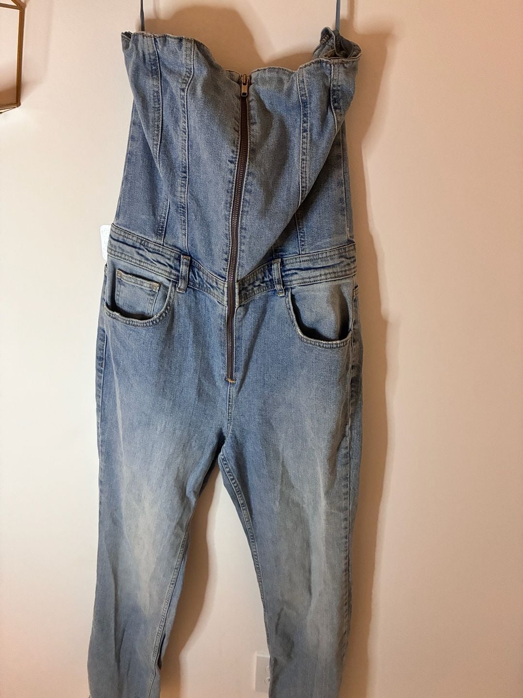Pull&Bear Strapless Denim Corset Jumpsuit Light Wash XL 1
