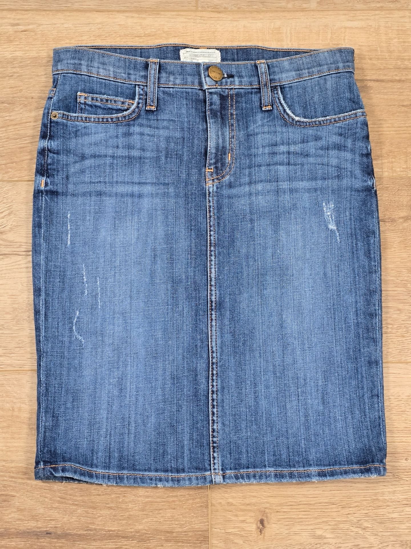 Current/Elliott Denim Pencil Skirt Distressed Blue Jean Back Slit Size 27 3