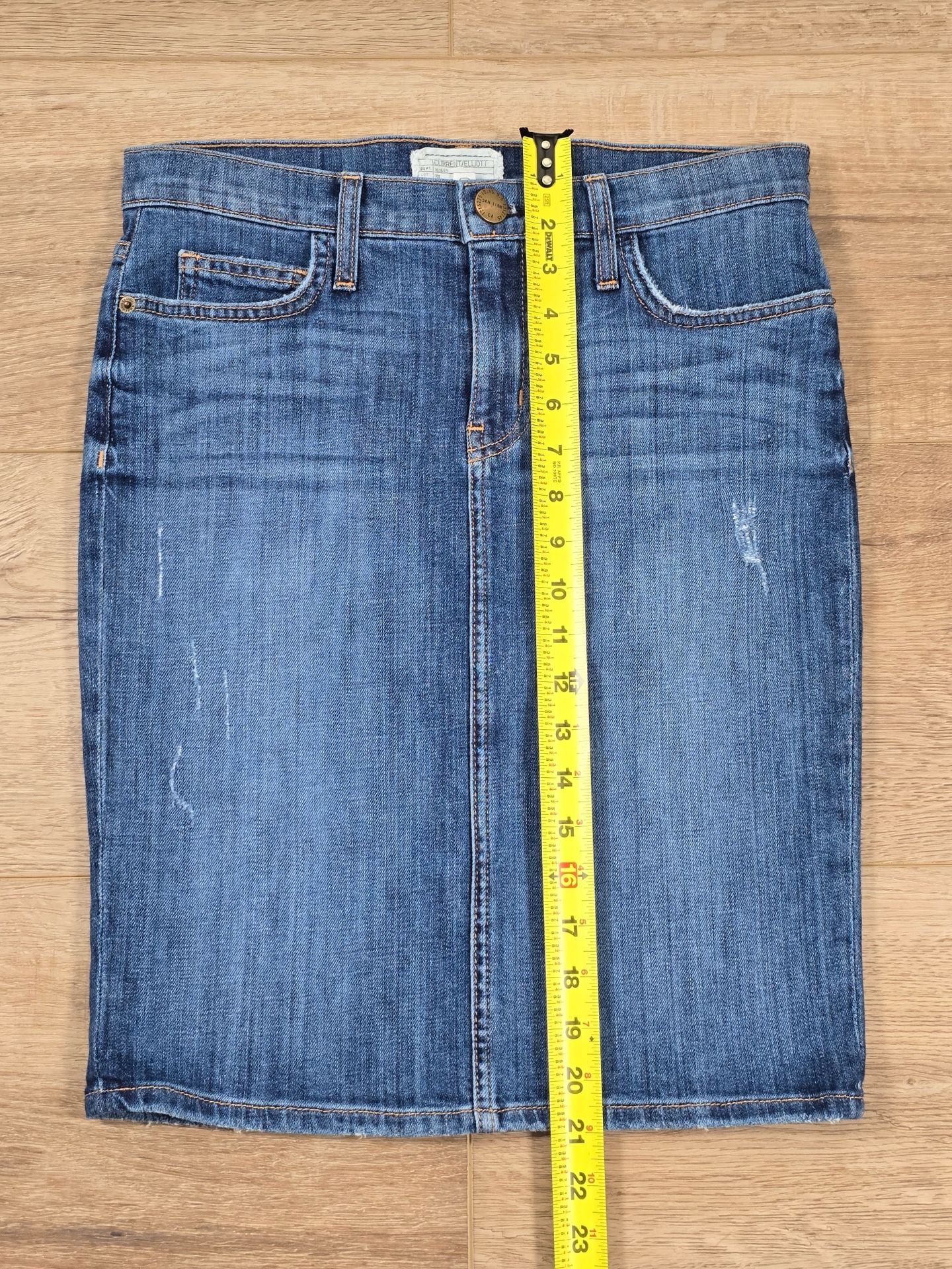 Current/Elliott Denim Pencil Skirt Distressed Blue Jean Back Slit Size 27 4