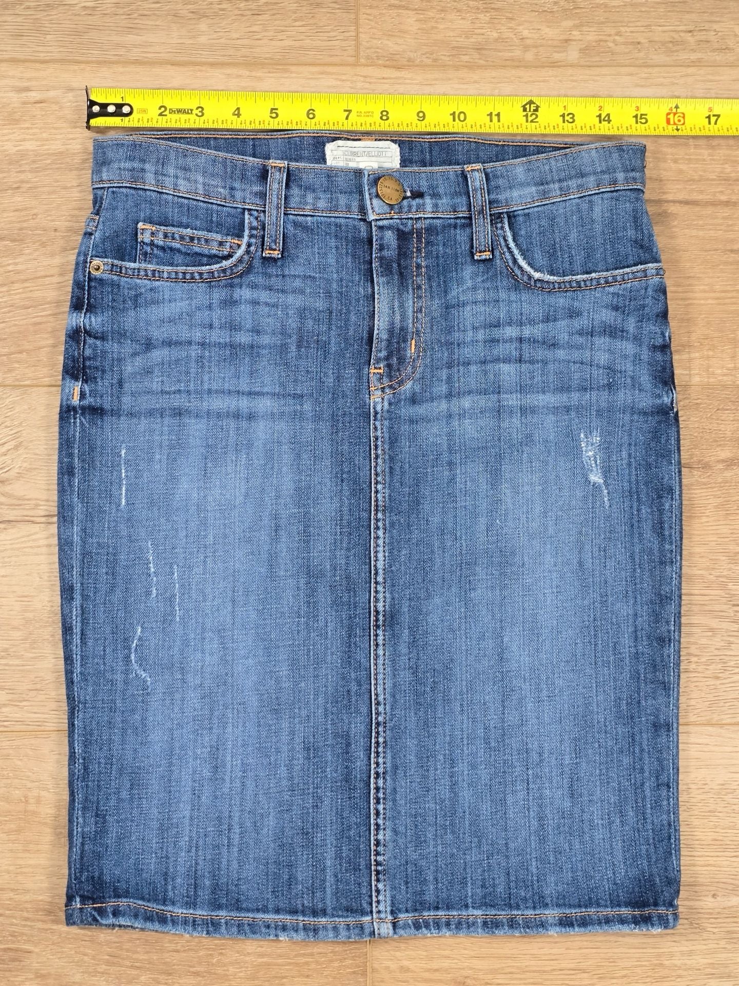 Current/Elliott Denim Pencil Skirt Distressed Blue Jean Back Slit Size 27 5