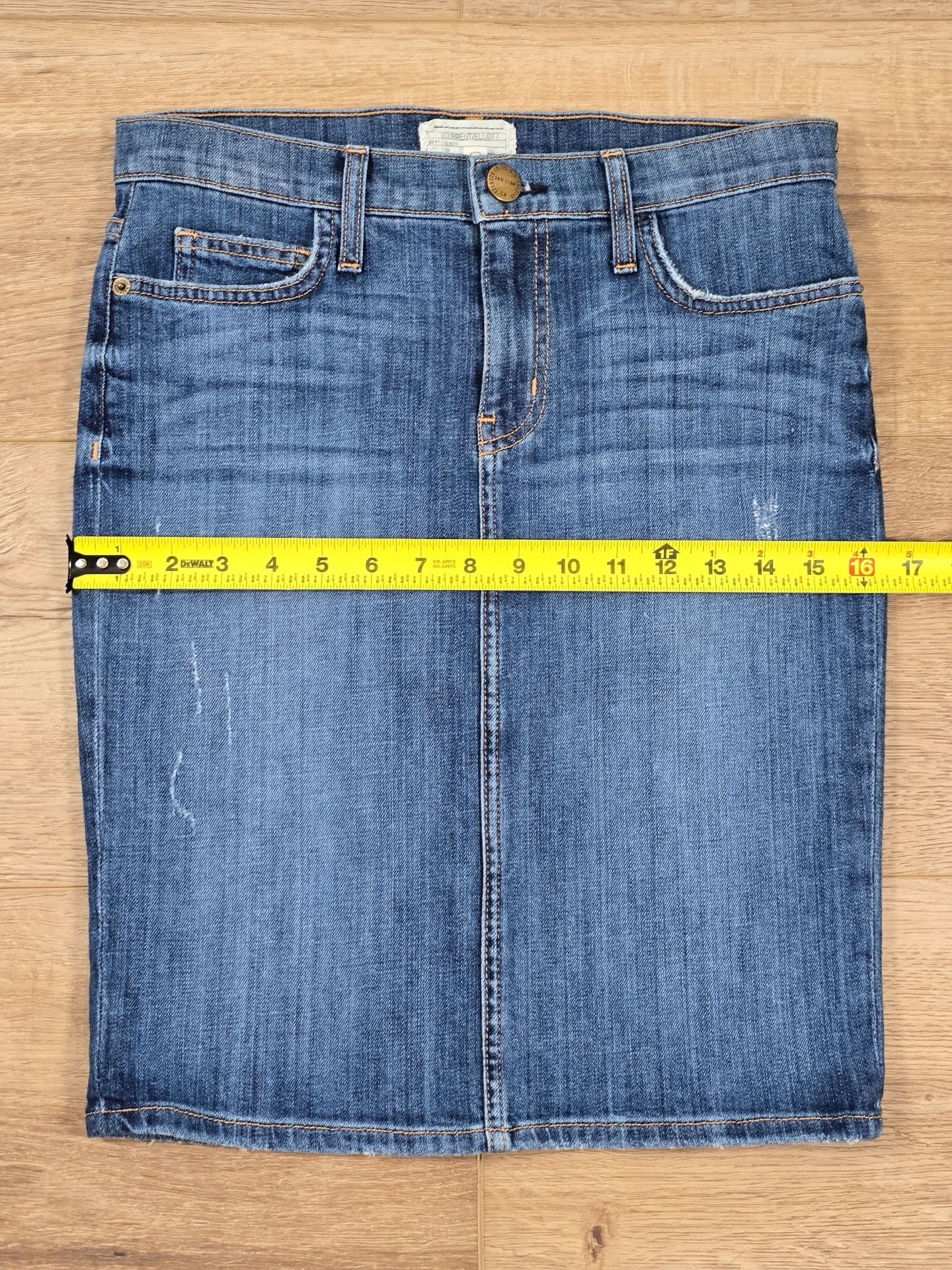 Current/Elliott Denim Pencil Skirt Distressed Blue Jean Back Slit Size 27 6