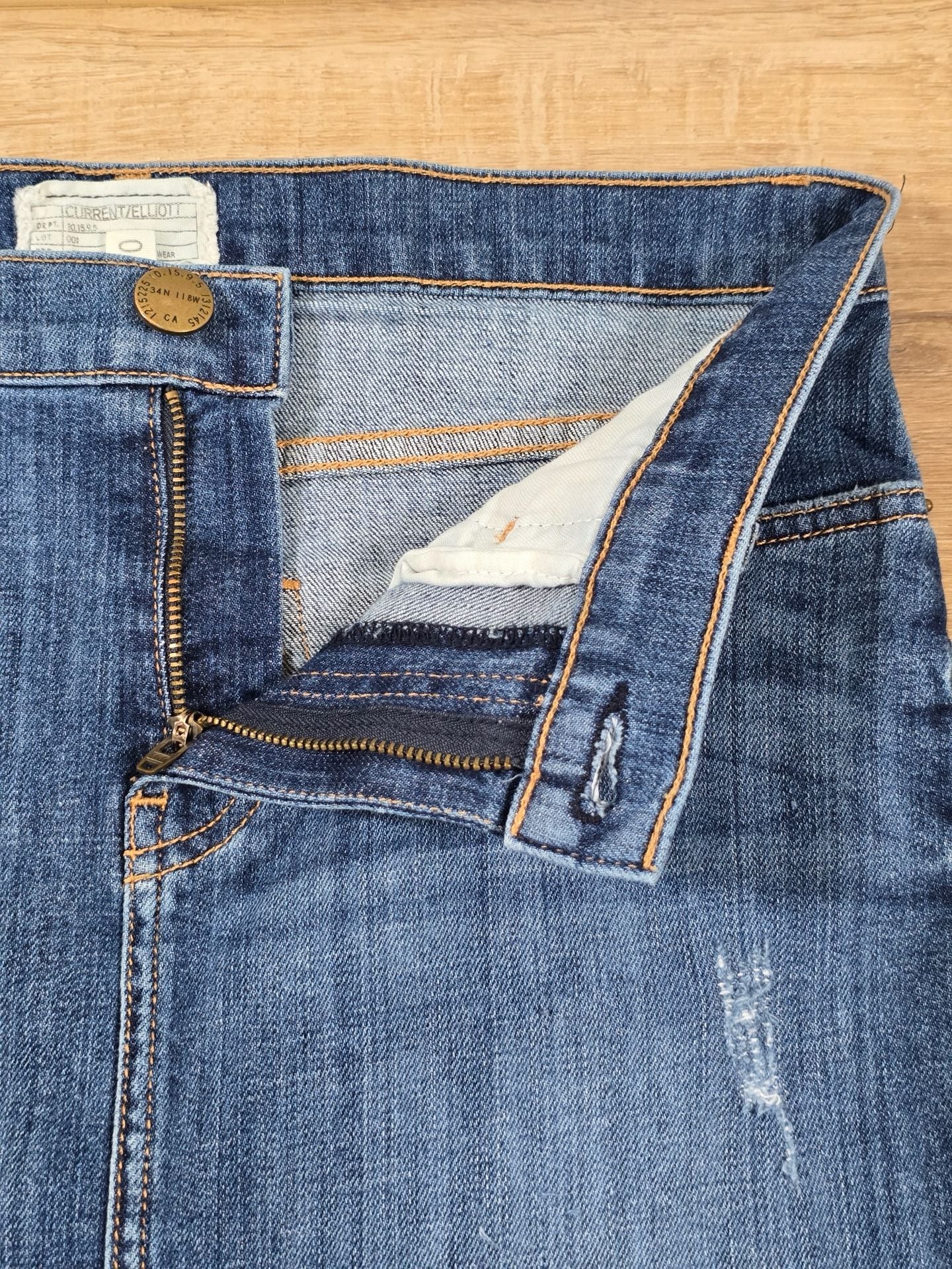 Current/Elliott Denim Pencil Skirt Distressed Blue Jean Back Slit Size 27 7