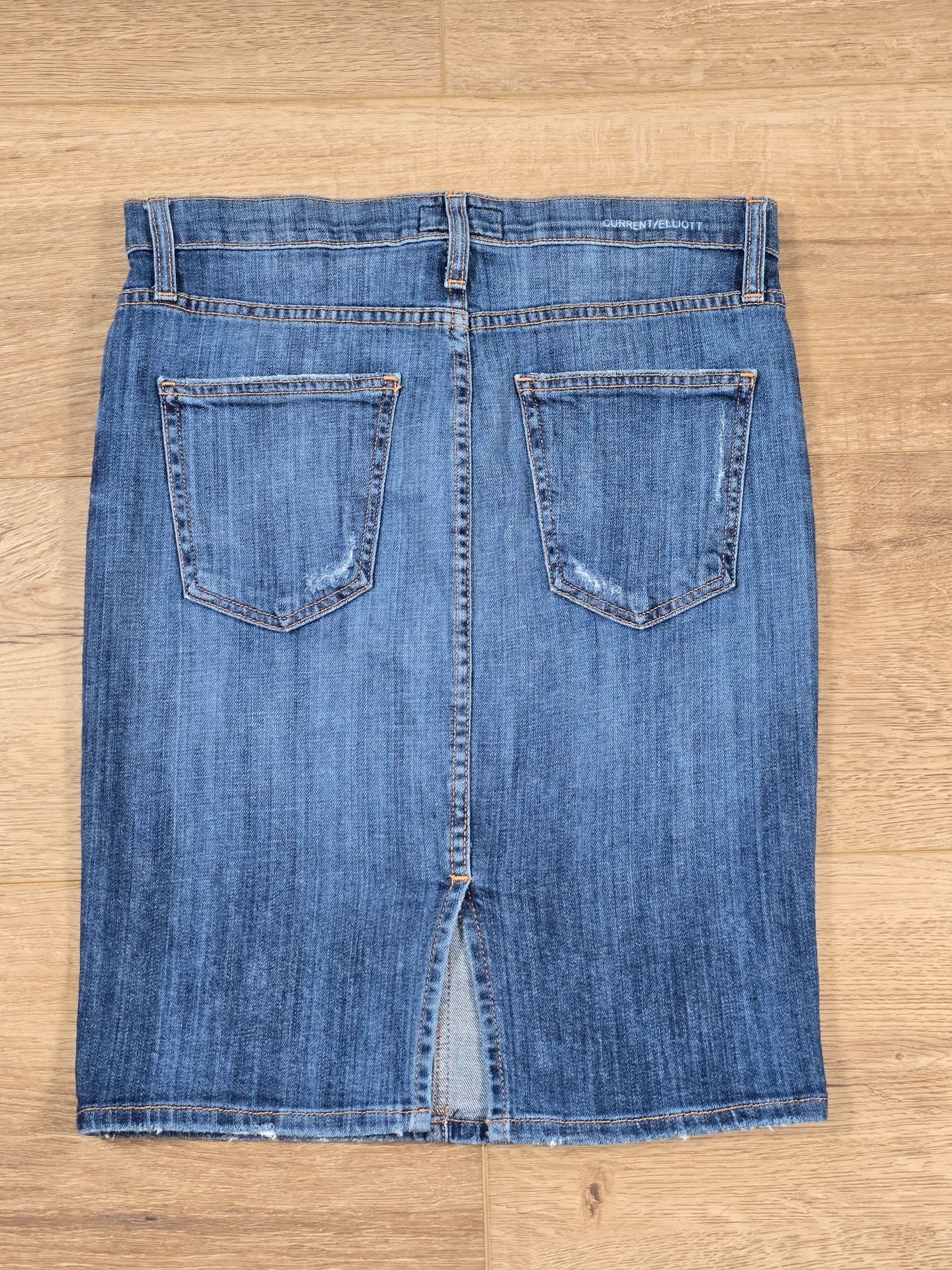 Current/Elliott Denim Pencil Skirt Distressed Blue Jean Back Slit Size 27 9