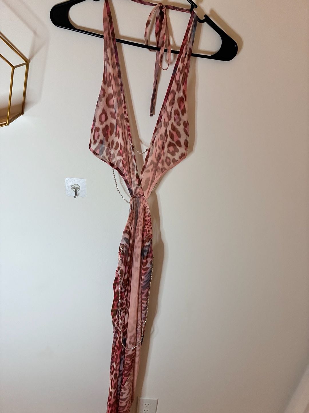 Pink Leopard Print Plunging Halter Sheer Maxi Dress Size L 1