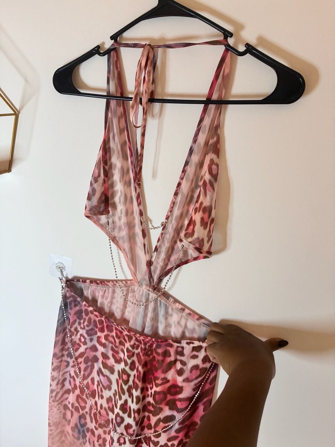 Pink Leopard Print Plunging Halter Sheer Maxi Dress Size L 2