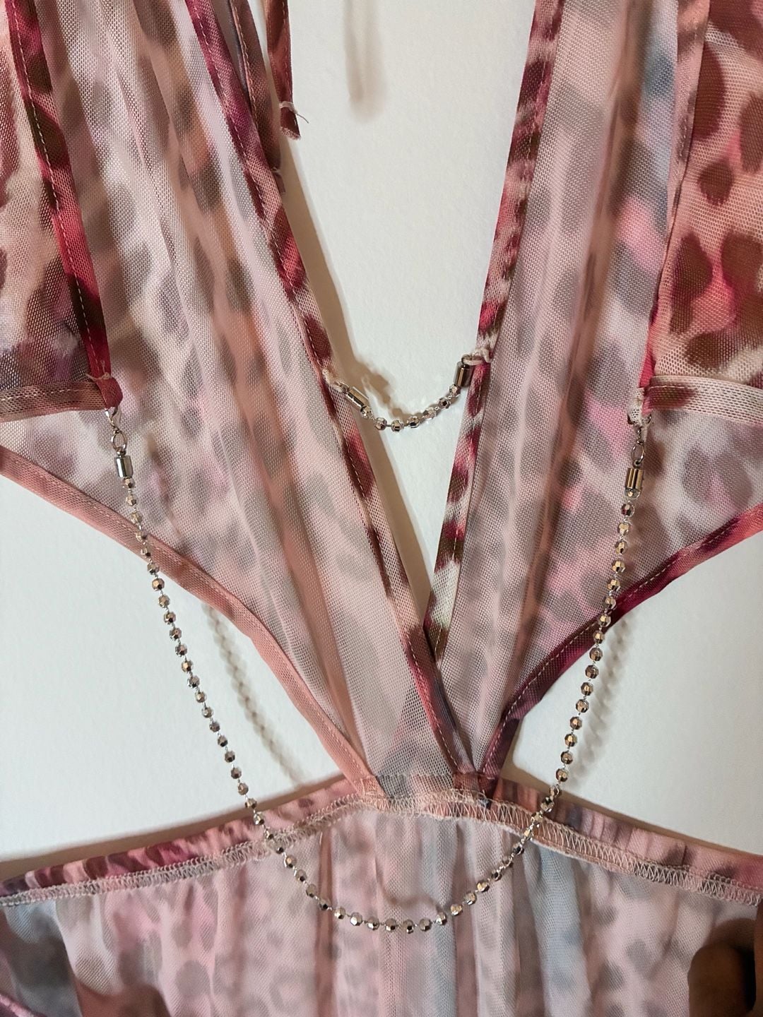 Pink Leopard Print Plunging Halter Sheer Maxi Dress Size L 4