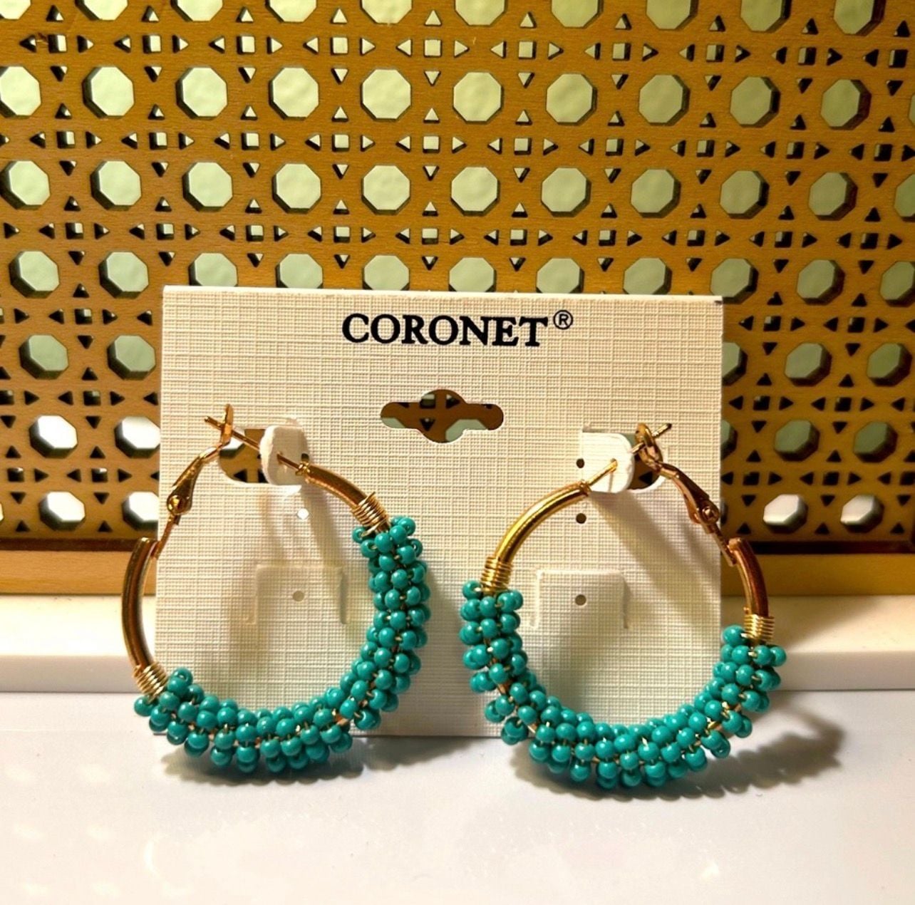 Coronet Gold & Turquoise Beaded Hoop Earrings NWT #0304 2