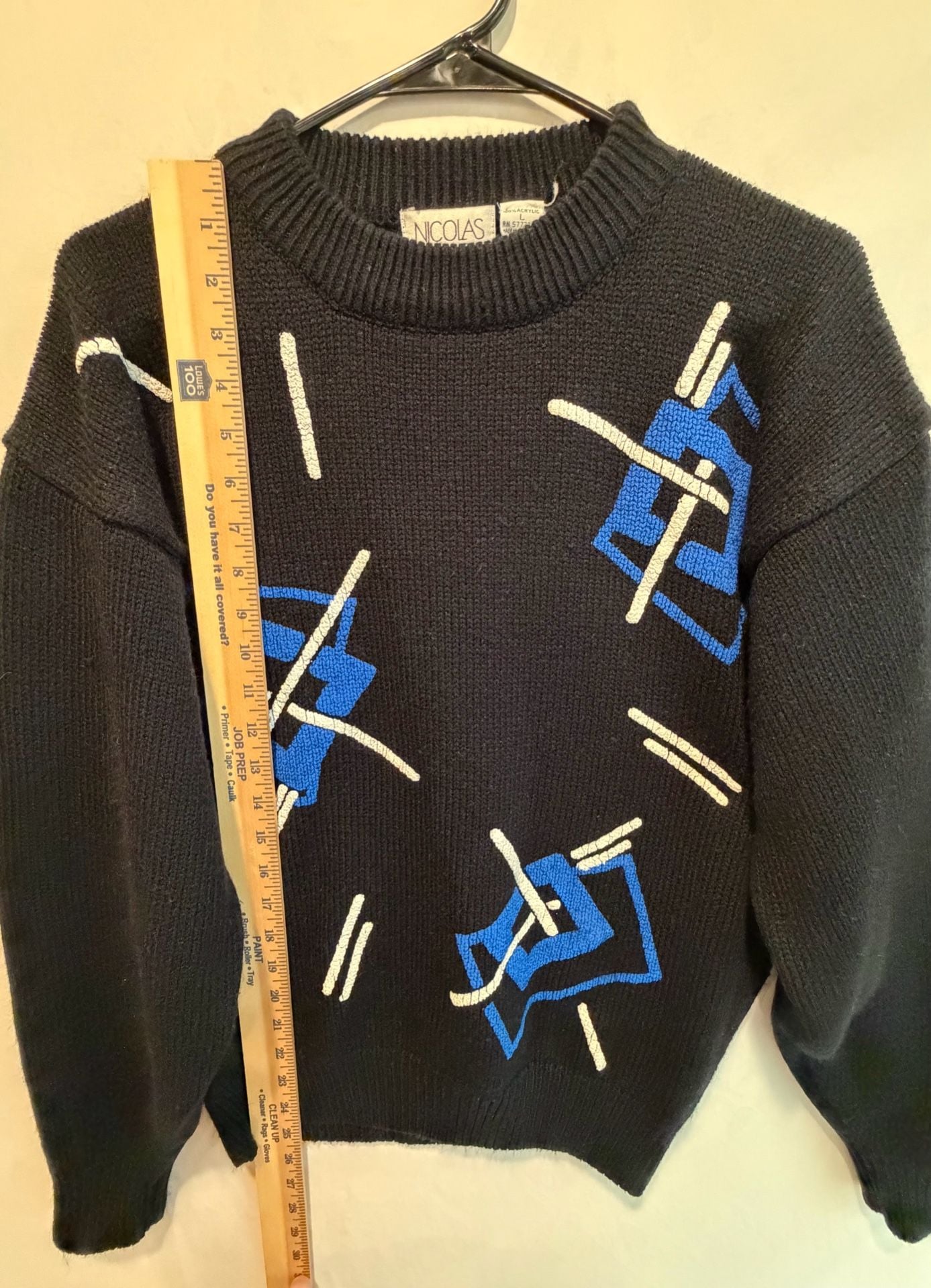 Nicolas Sweater Size L Black Blue Geometric 80s Vintage Acrylic 7